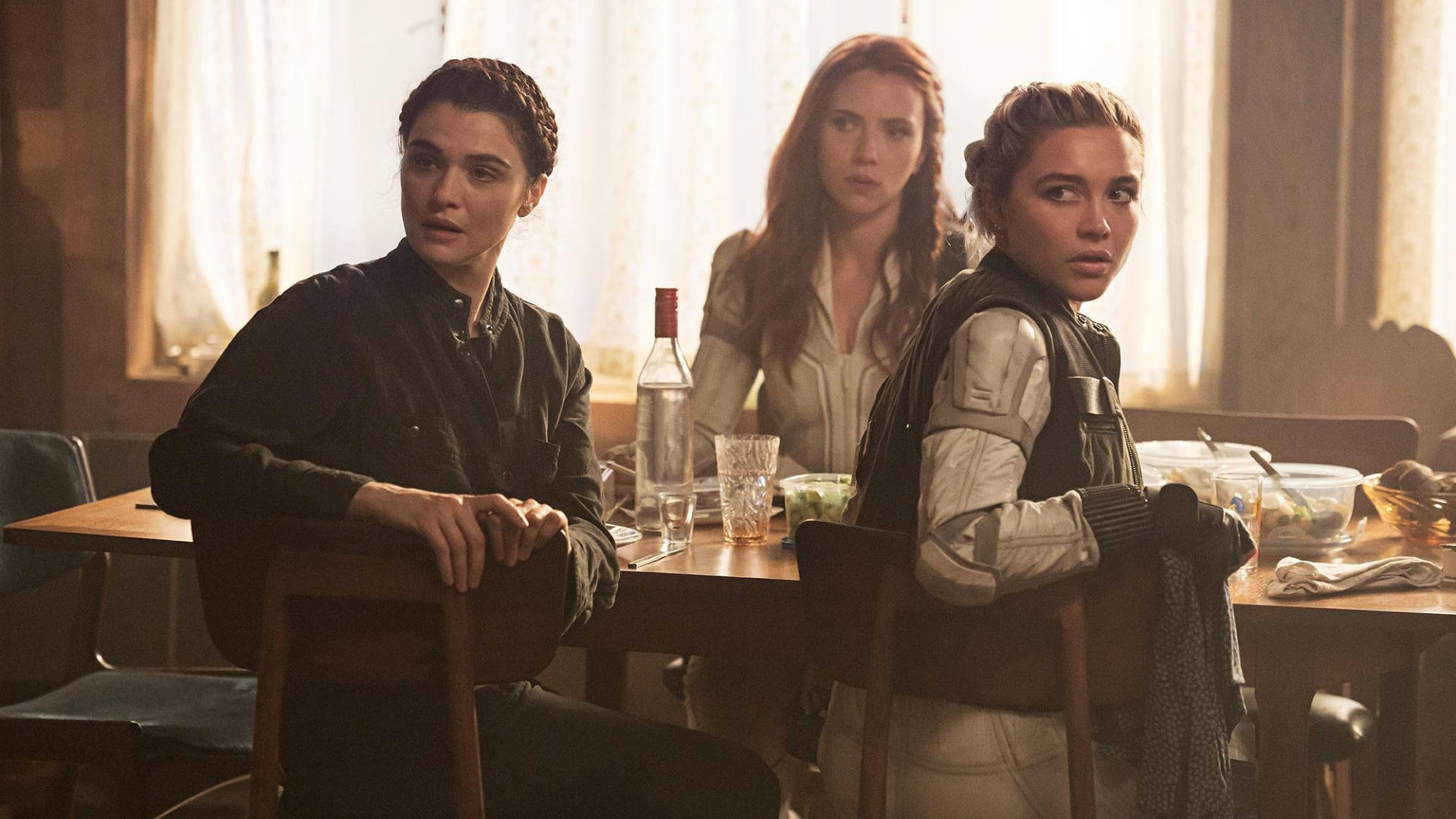 Florence Pugh, tactical gear, wooden table, Full HD Desktop Wallpaper