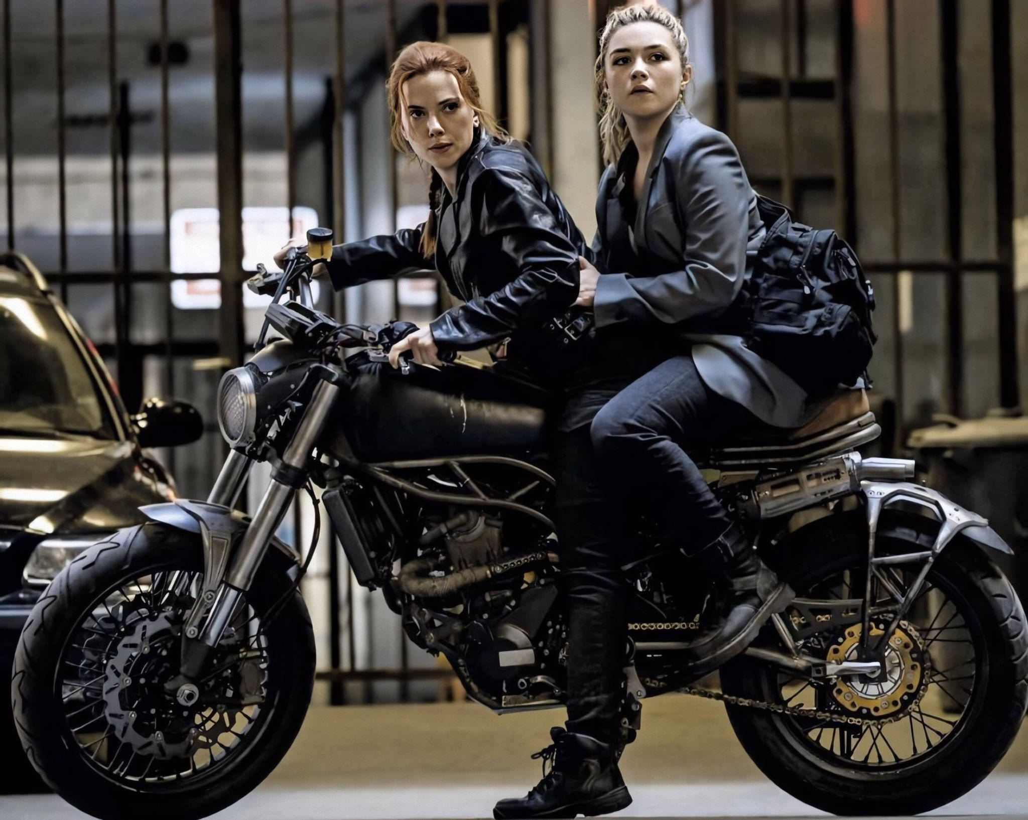 Florence Pugh, black motorcycle, industrial garage, Full HD Desktop Wallpaper