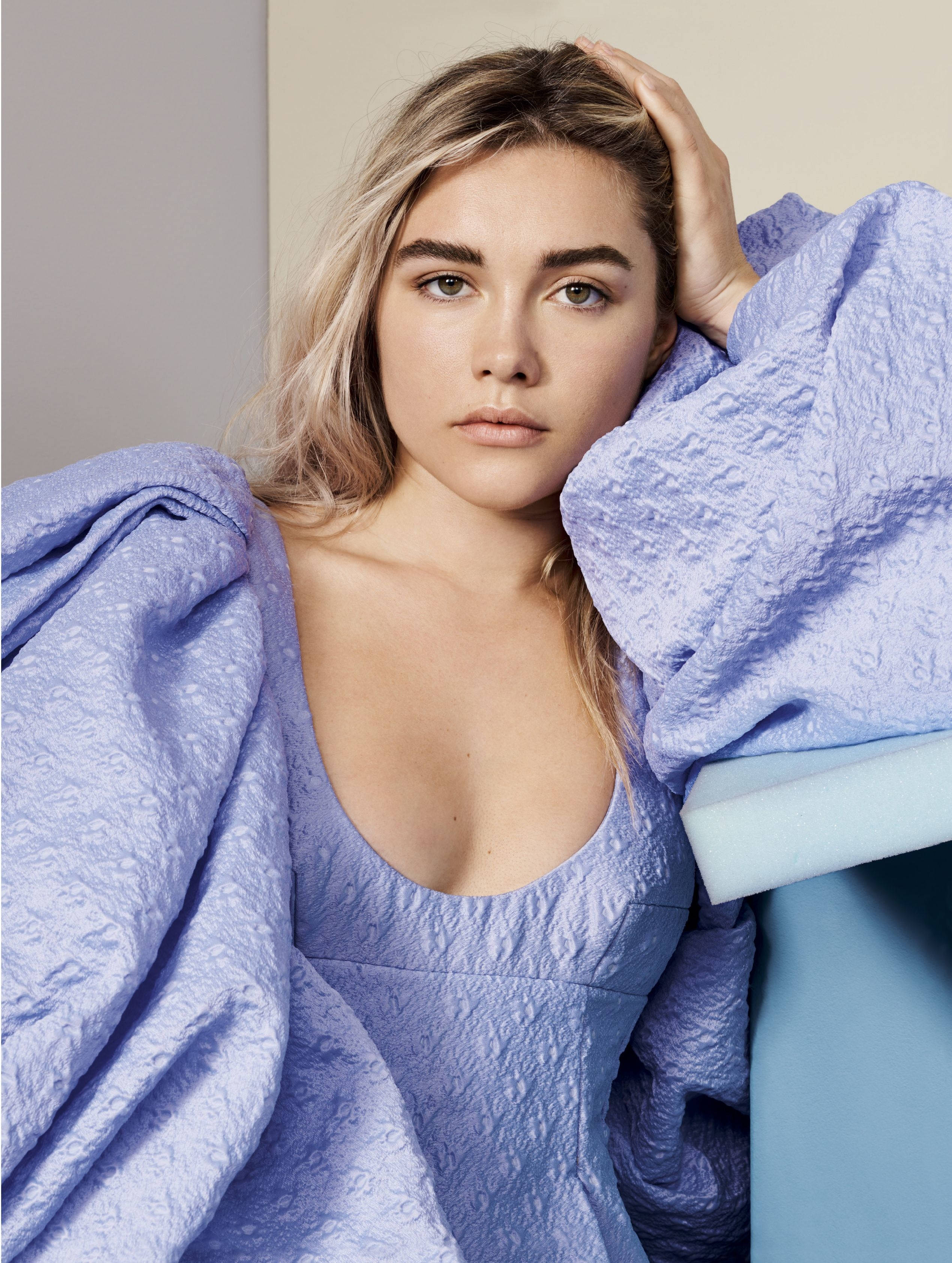 Florence Pugh, periwinkle, textured lavender dress, 2K Phone Wallpaper