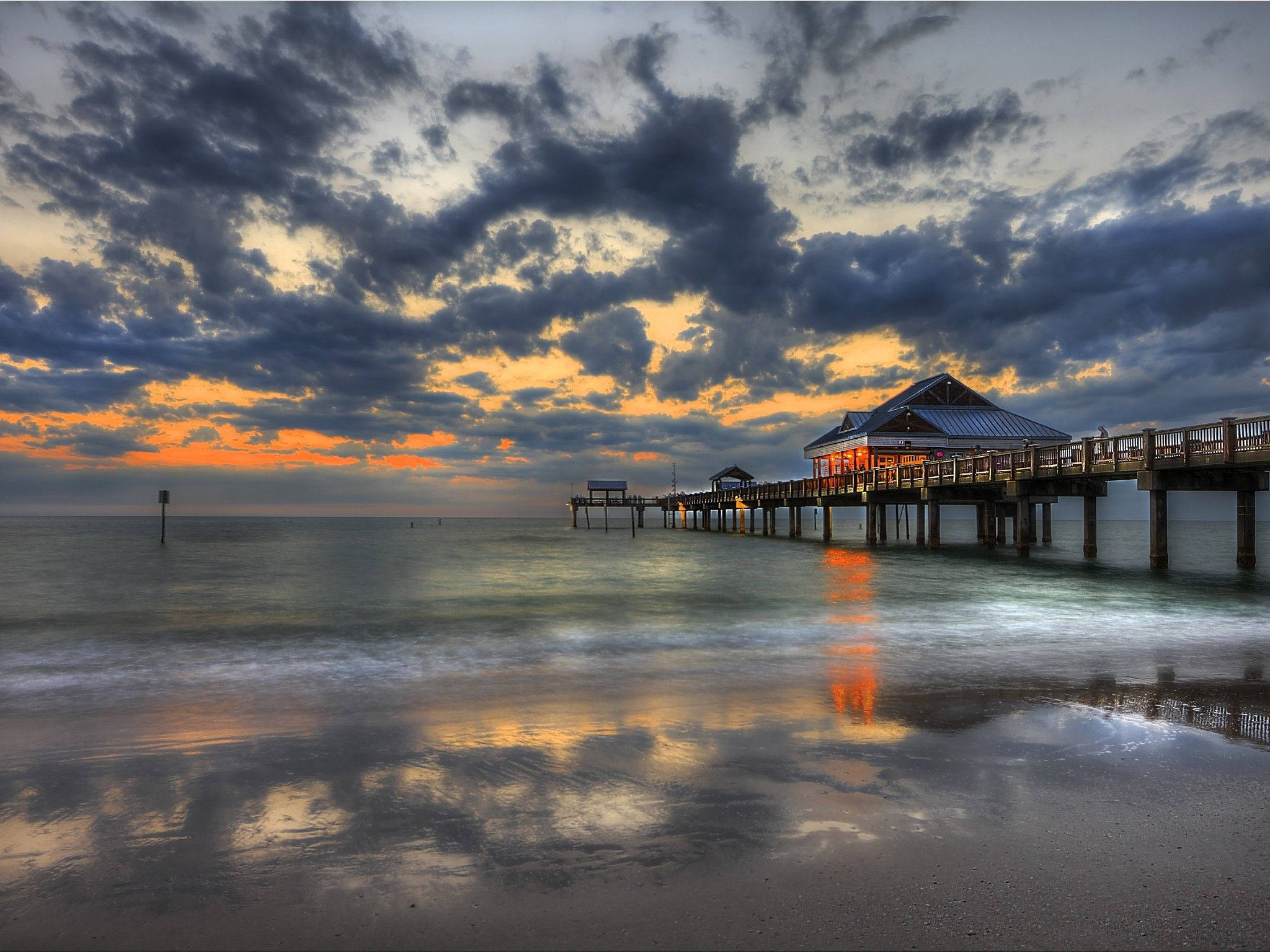 Florida Beach, wooden pier, calm waters, Full HD Desktop Wallpaper