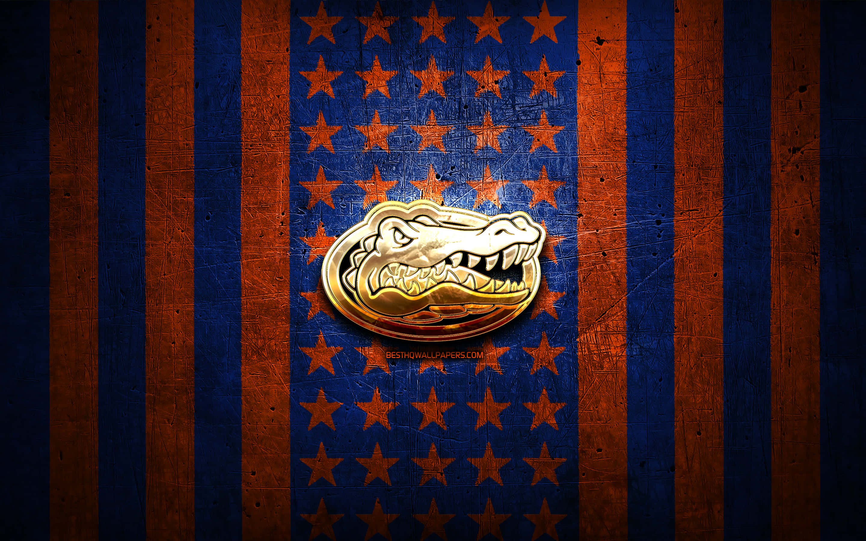 Florida Gators, golden alligator mascot emblem, textured blue and orange striped background, 2K Desktop Wallpaper