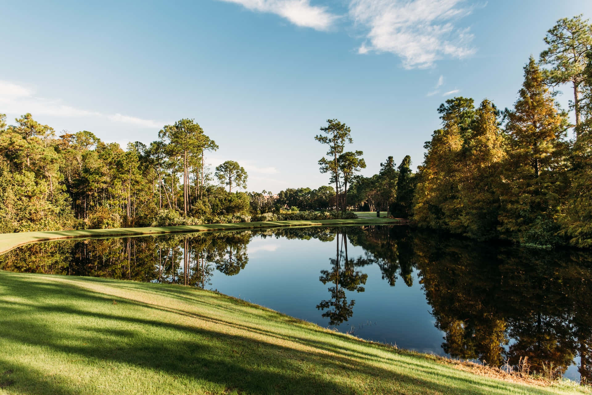golf course, trees, pond, Full HD Desktop Wallpaper