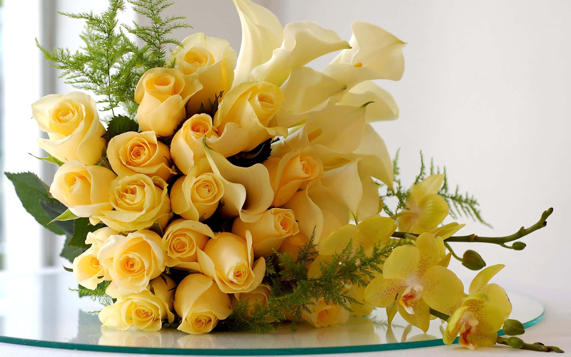 yellow roses, calla lilies, orchids, Full HD Desktop Wallpaper