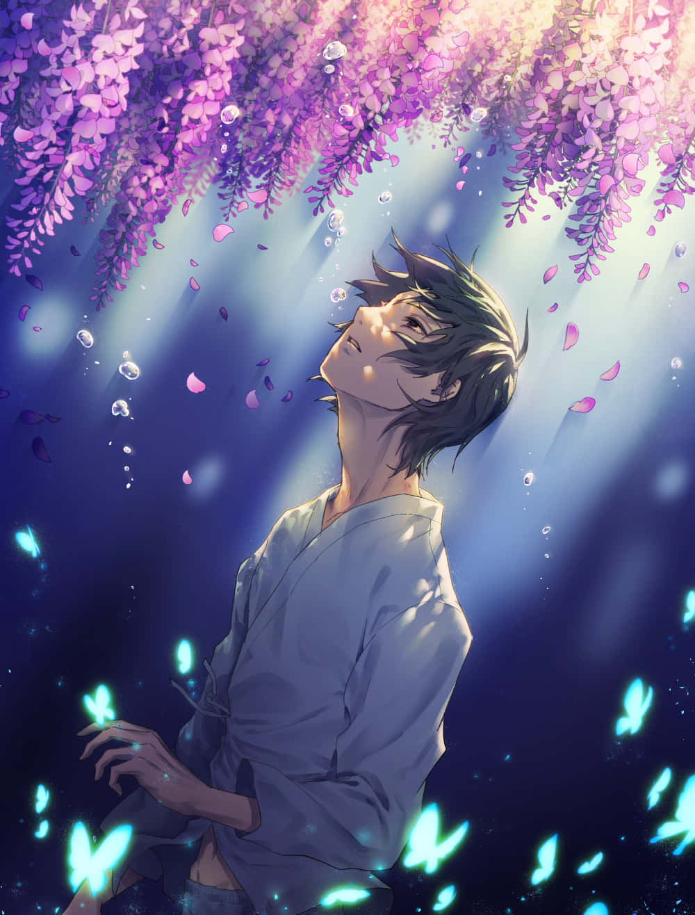 wistful gaze under wisteria, cascading purple wisteria, glowing blue butterflies, HD Phone Wallpaper