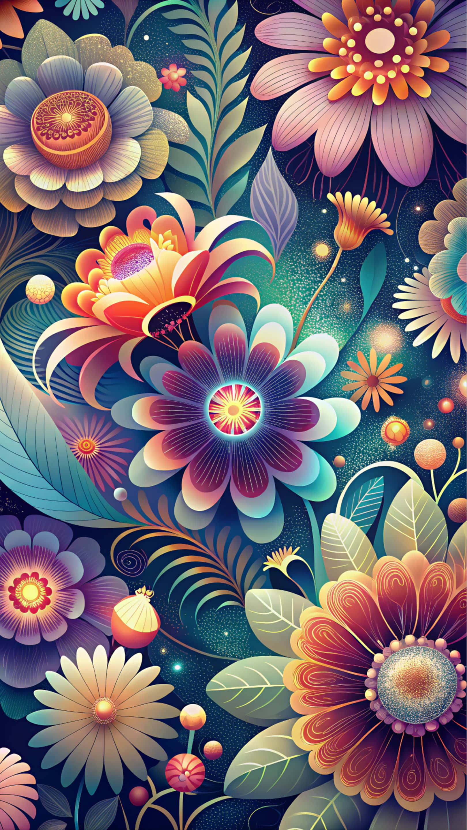 flower pattern, vibrant stylized flowers, glowing centers, 2K Phone Wallpaper