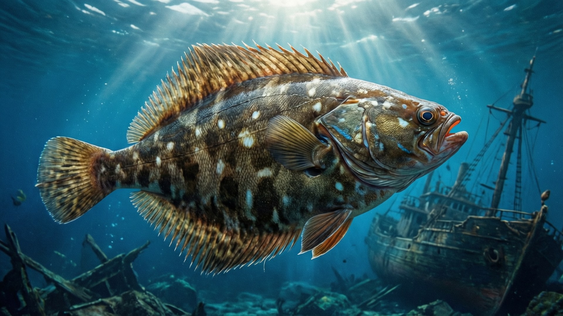 flounder, shipwreck, deep blue water, Full HD Desktop Wallpaper