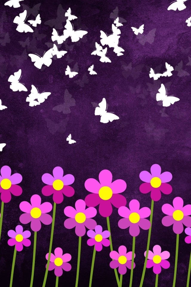 purple background, white butterflies, pink flowers, SD Phone Wallpaper