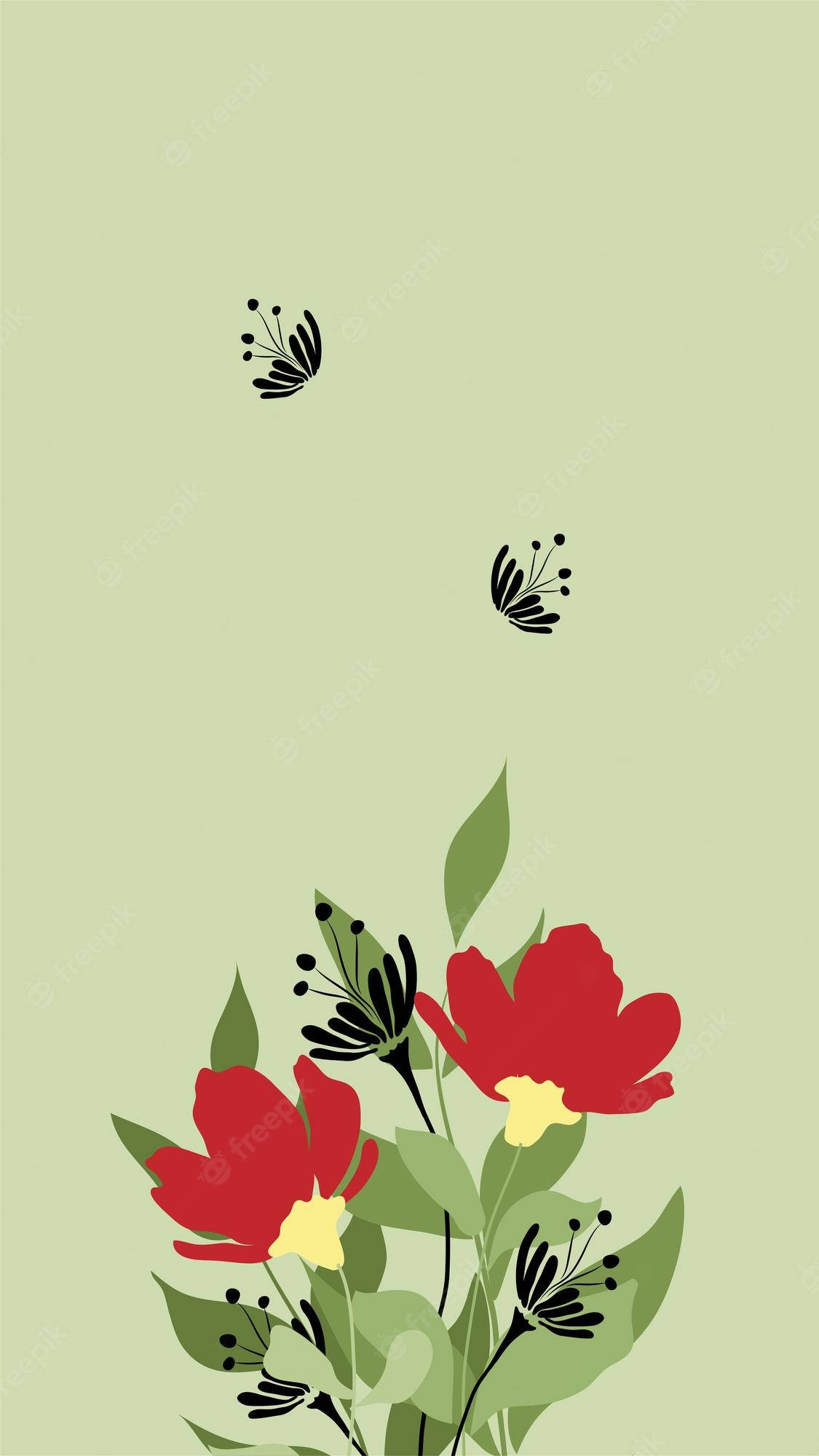 floral red green phone, red flowers, yellow centers, Full HD Phone Wallpaper