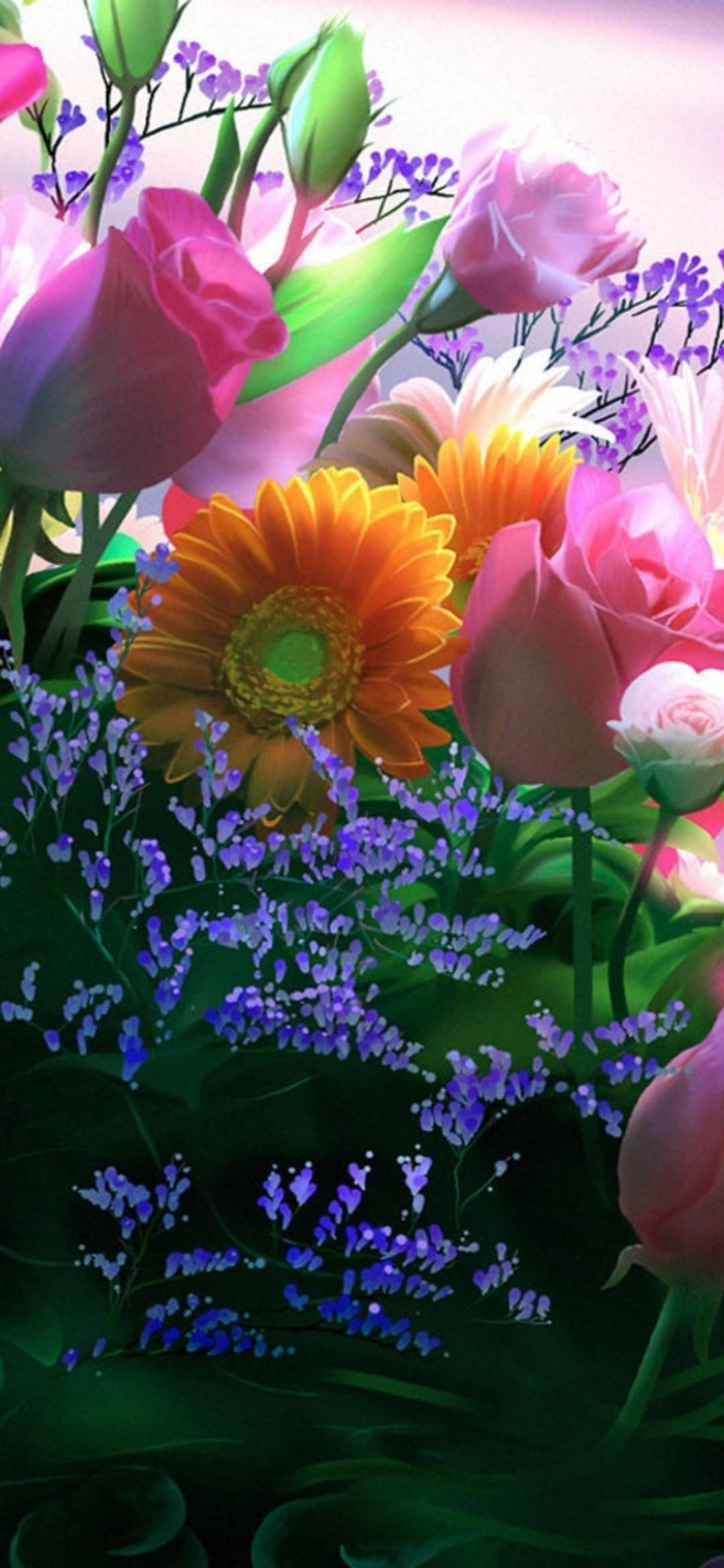 3D flower phone background, pink roses, orange gerbera, Full HD Phone Wallpaper