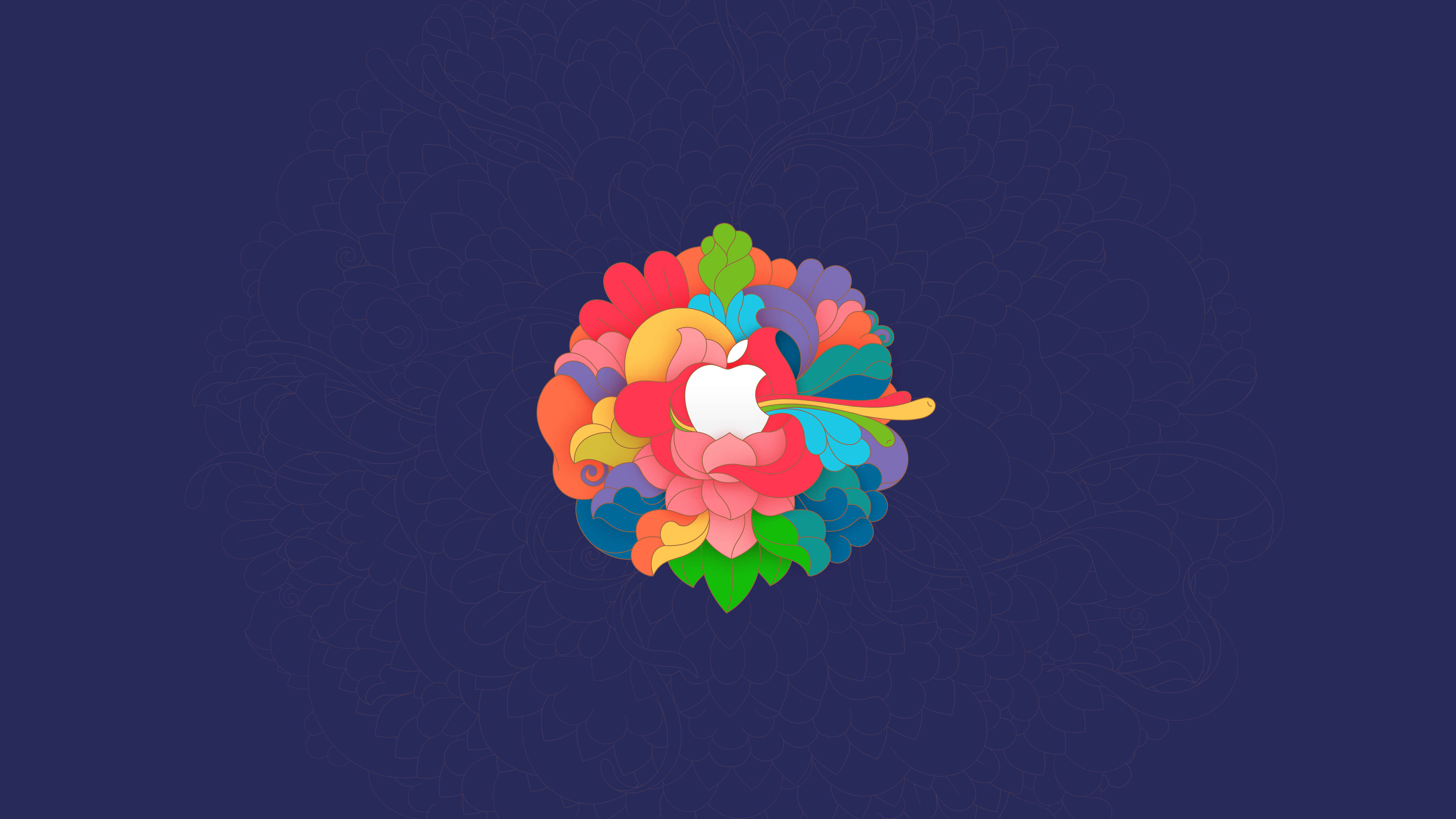 4K Apple, white apple logo, dark blue background, 5K Desktop Wallpaper