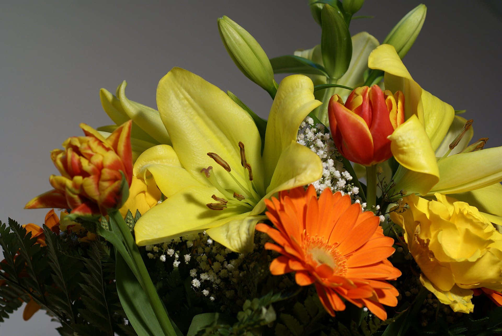 yellow lilies, orange gerbera, red tulips, Full HD Desktop Wallpaper