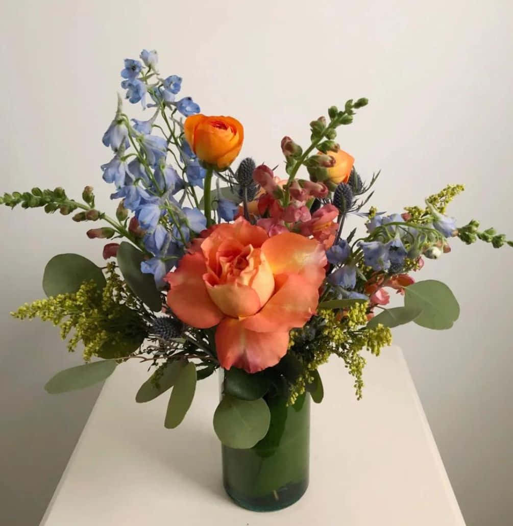 floral arrangement, orange roses, blue delphiniums, SD Phone Wallpaper