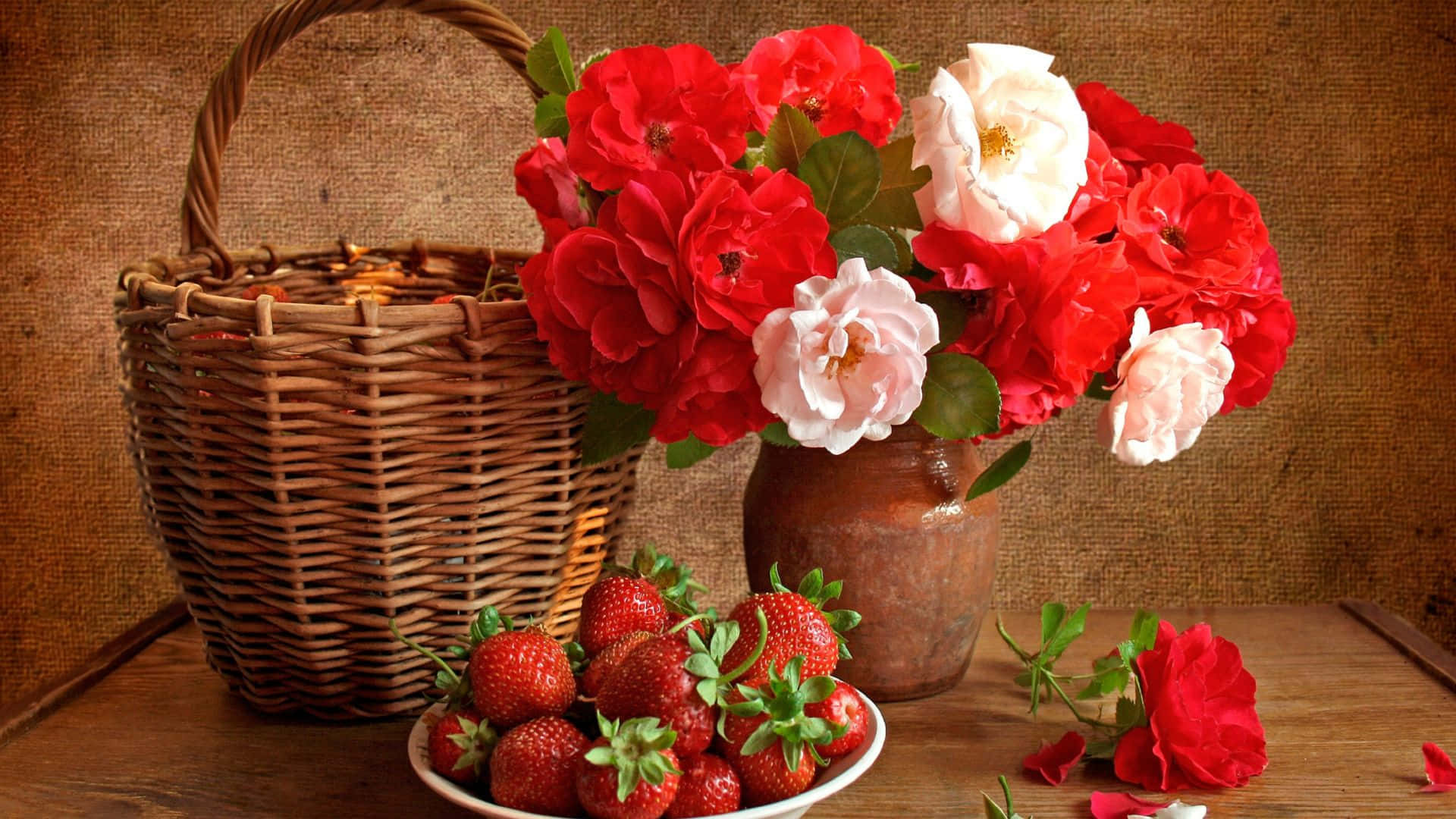 floral arrangement, vibrant red and white roses, rustic vase, Full HD Desktop Wallpaper