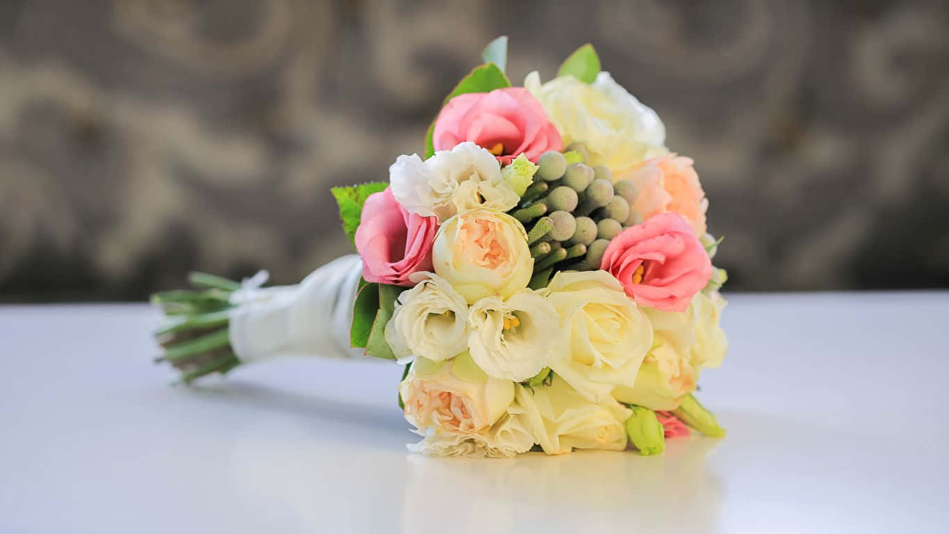 pink peach and cream roses, greenery, white surface, HD Desktop Wallpaper