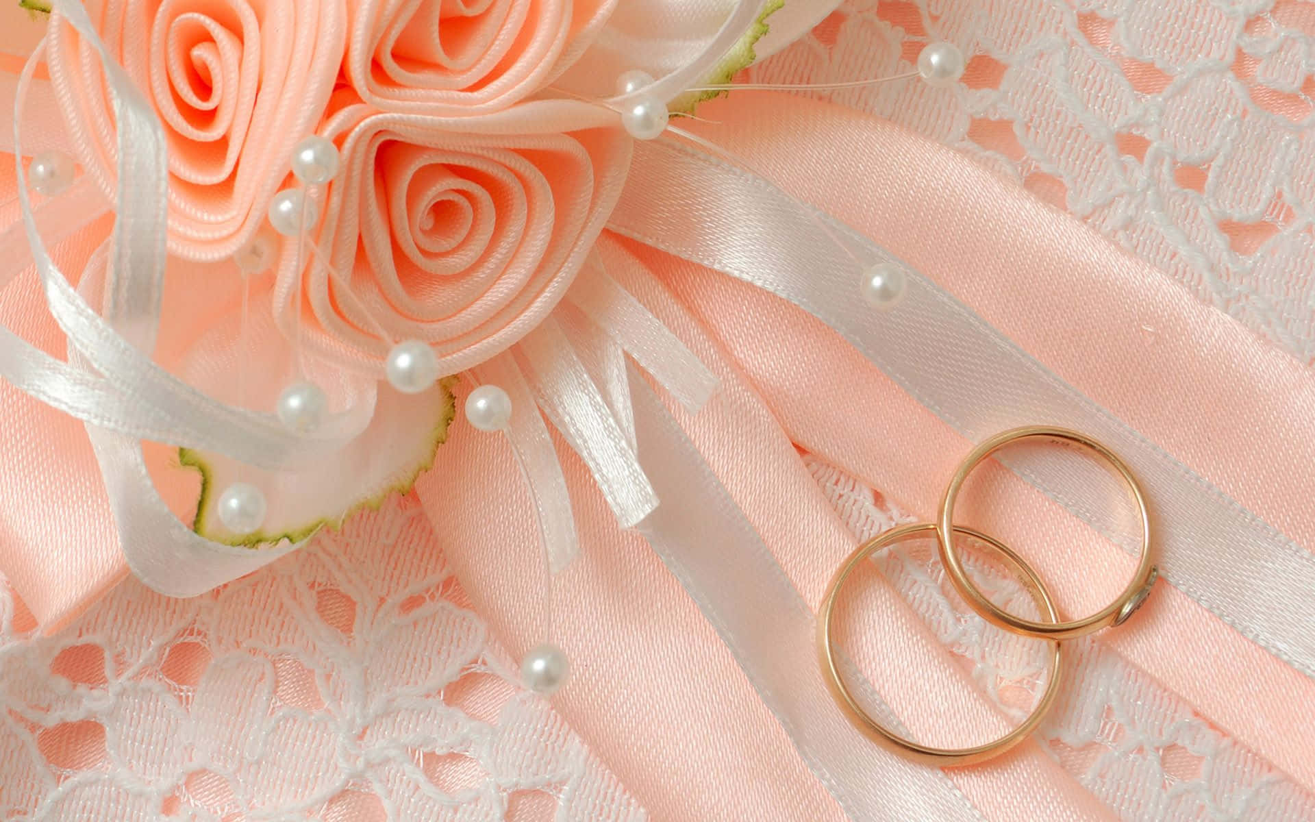 gold wedding rings, peach satin roses, white lace, Full HD Desktop Wallpaper