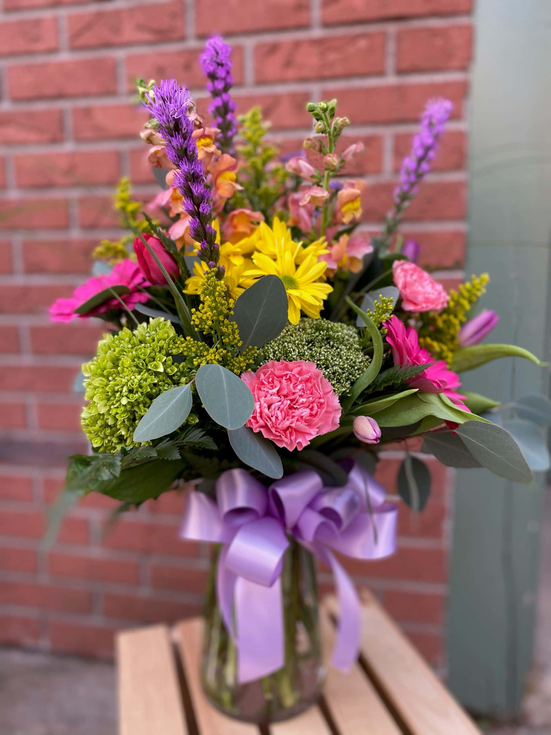 pink carnations, yellow daisies, purple spikes, 2K Phone Wallpaper
