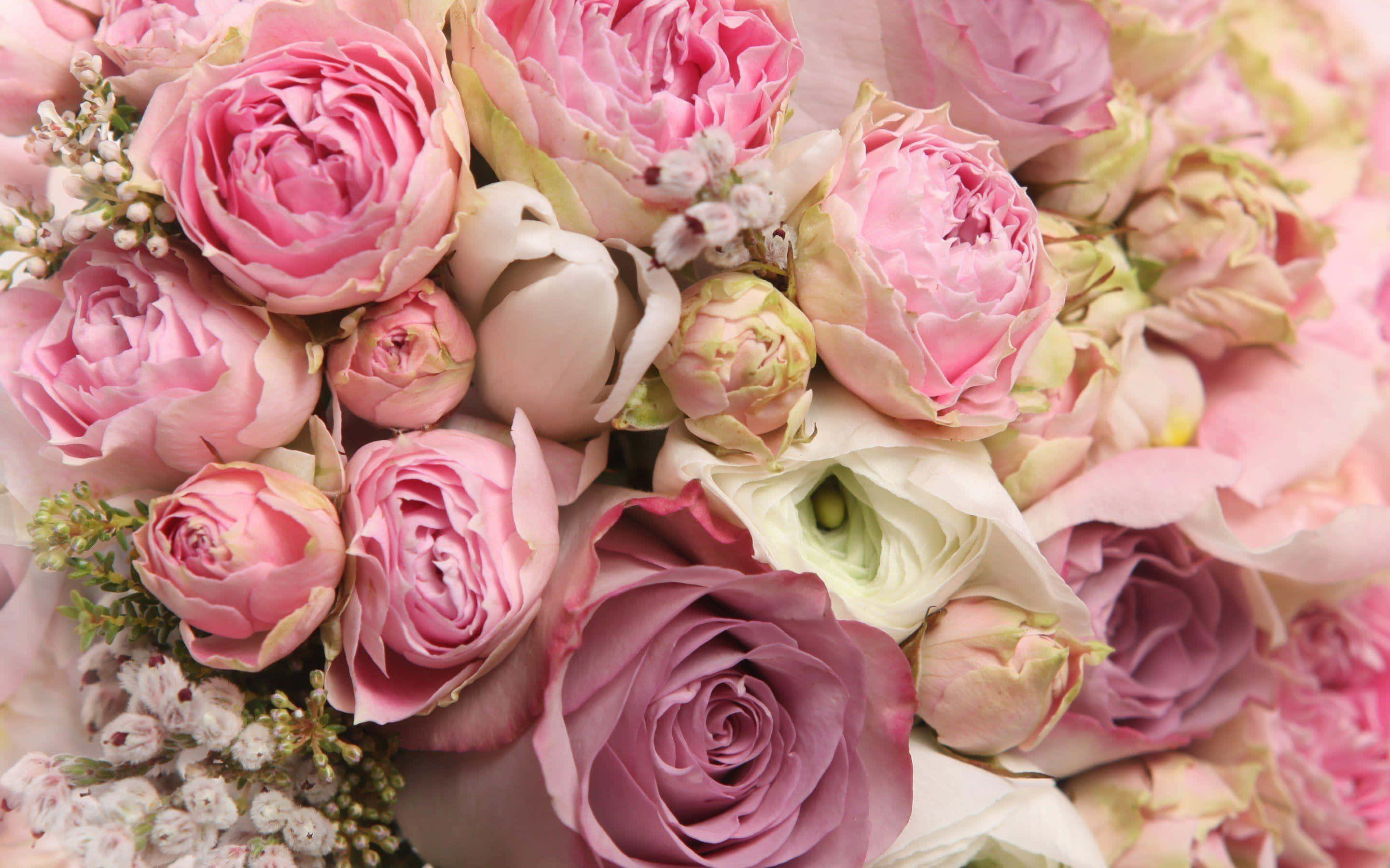 pink roses, mauve roses, baby's breath, 2K Desktop Wallpaper