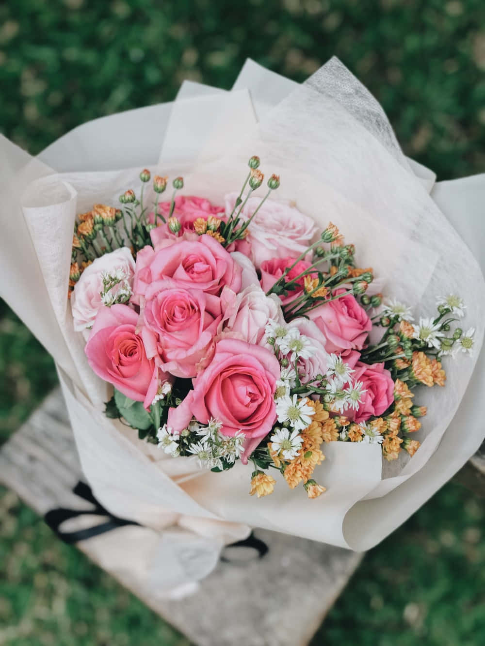 pink roses, yellow daisies, white paper, HD Phone Wallpaper