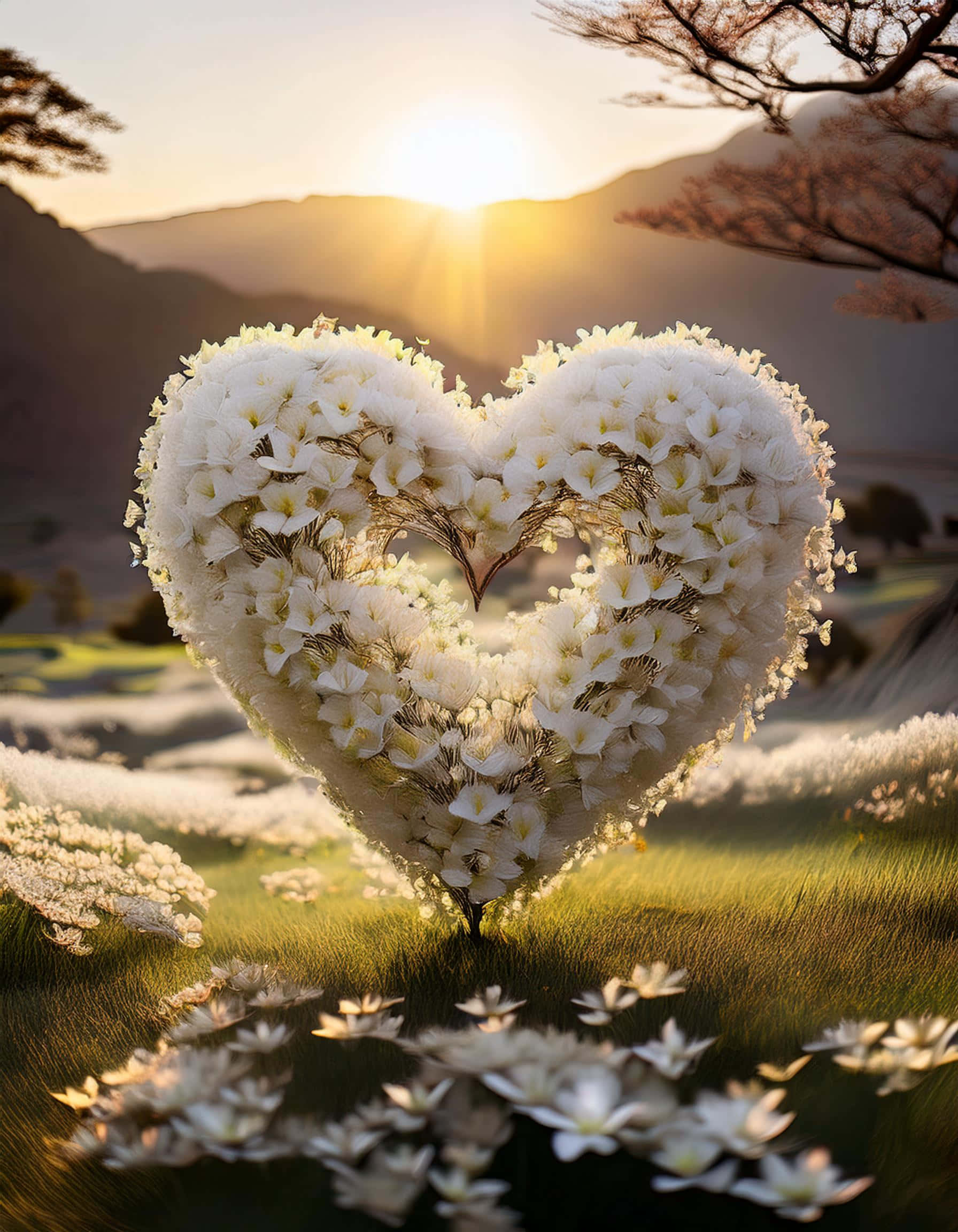 heart-shaped flowers, white blossoms, golden sunset light, Full HD Phone Wallpaper