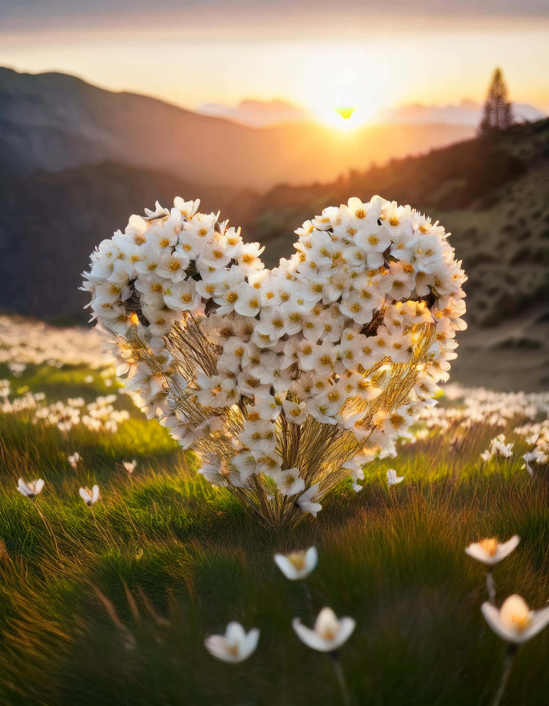 heart-shaped flowers, golden sunset, grassy mountain meadow, Full HD Phone Wallpaper