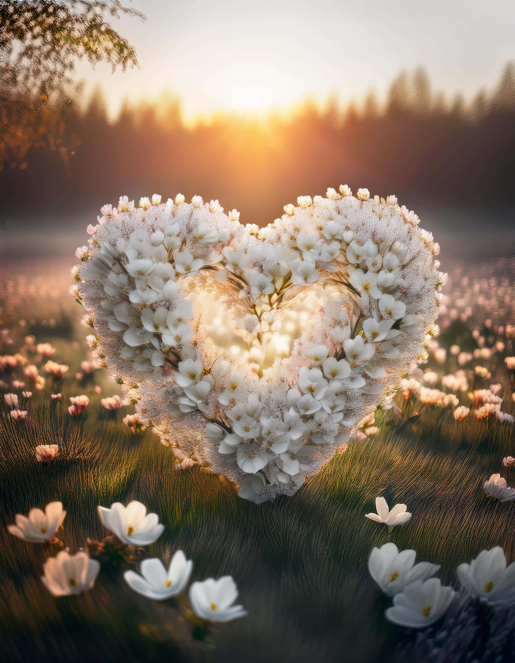 heart-shaped flowers, sunlit meadow, sunrise, Full HD Phone Wallpaper