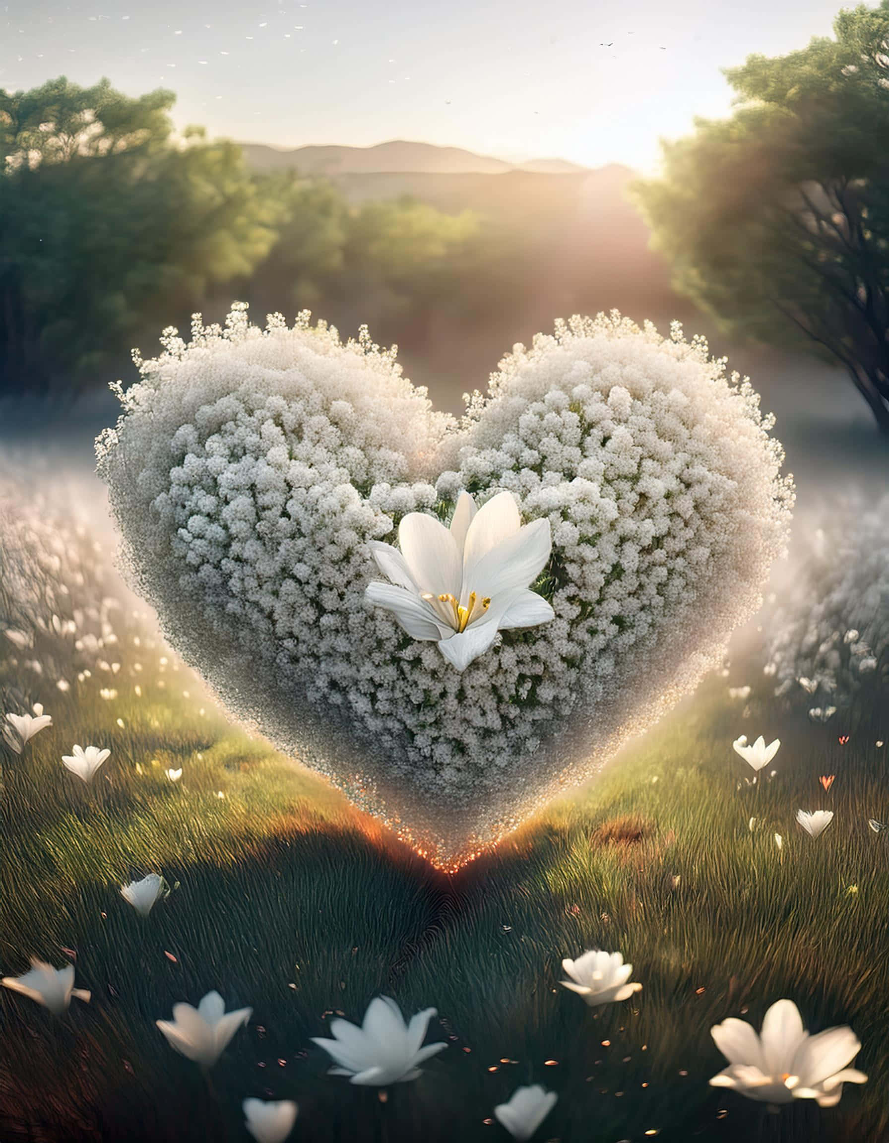 heart shaped flowers, white baby's breath flowers, white lily, Full HD Phone Wallpaper