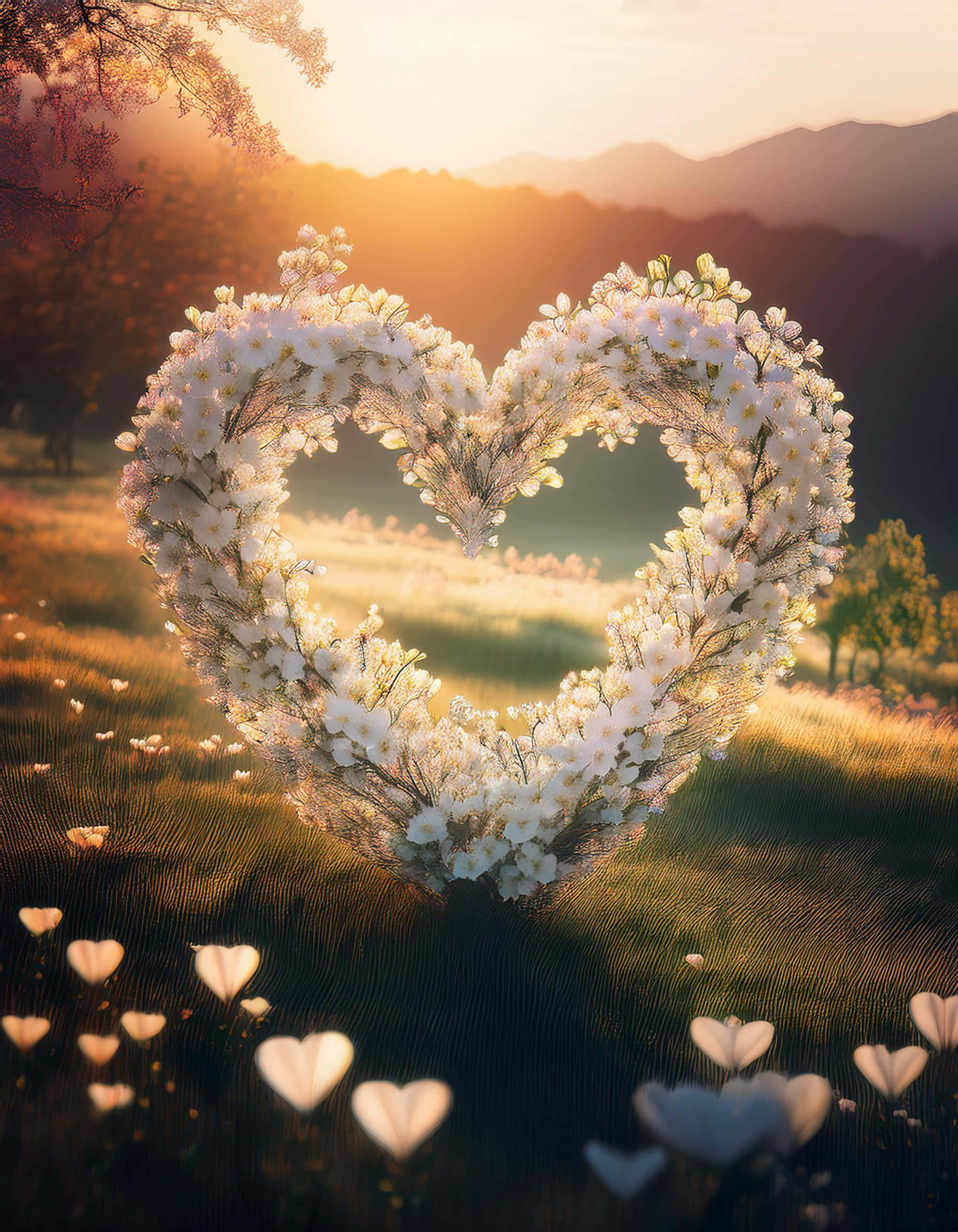 heart-shaped flowers, golden sunset, grassy field, Full HD Phone Wallpaper