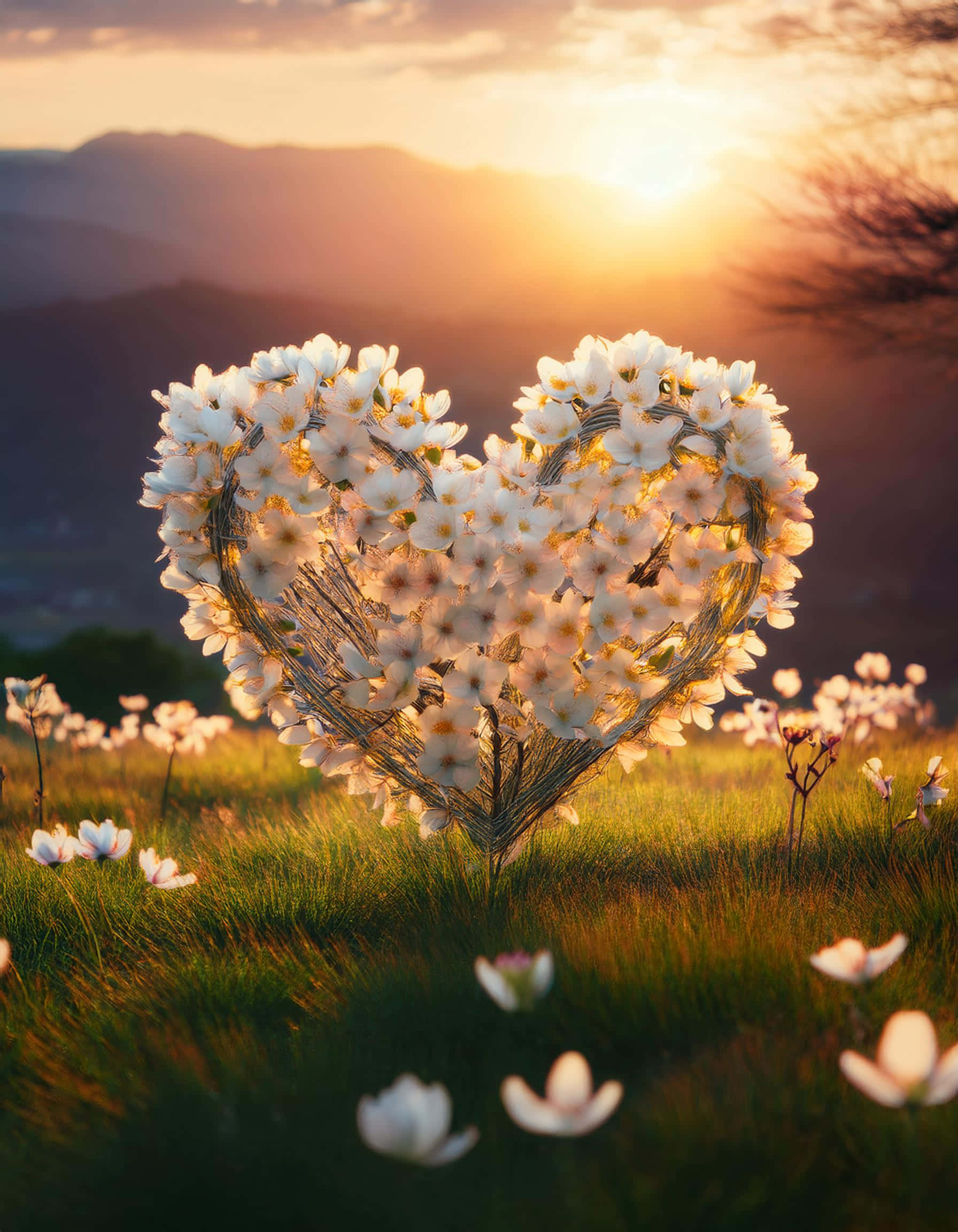 heart-shaped flowers, white blossoms, golden sunset light, Full HD Phone Wallpaper