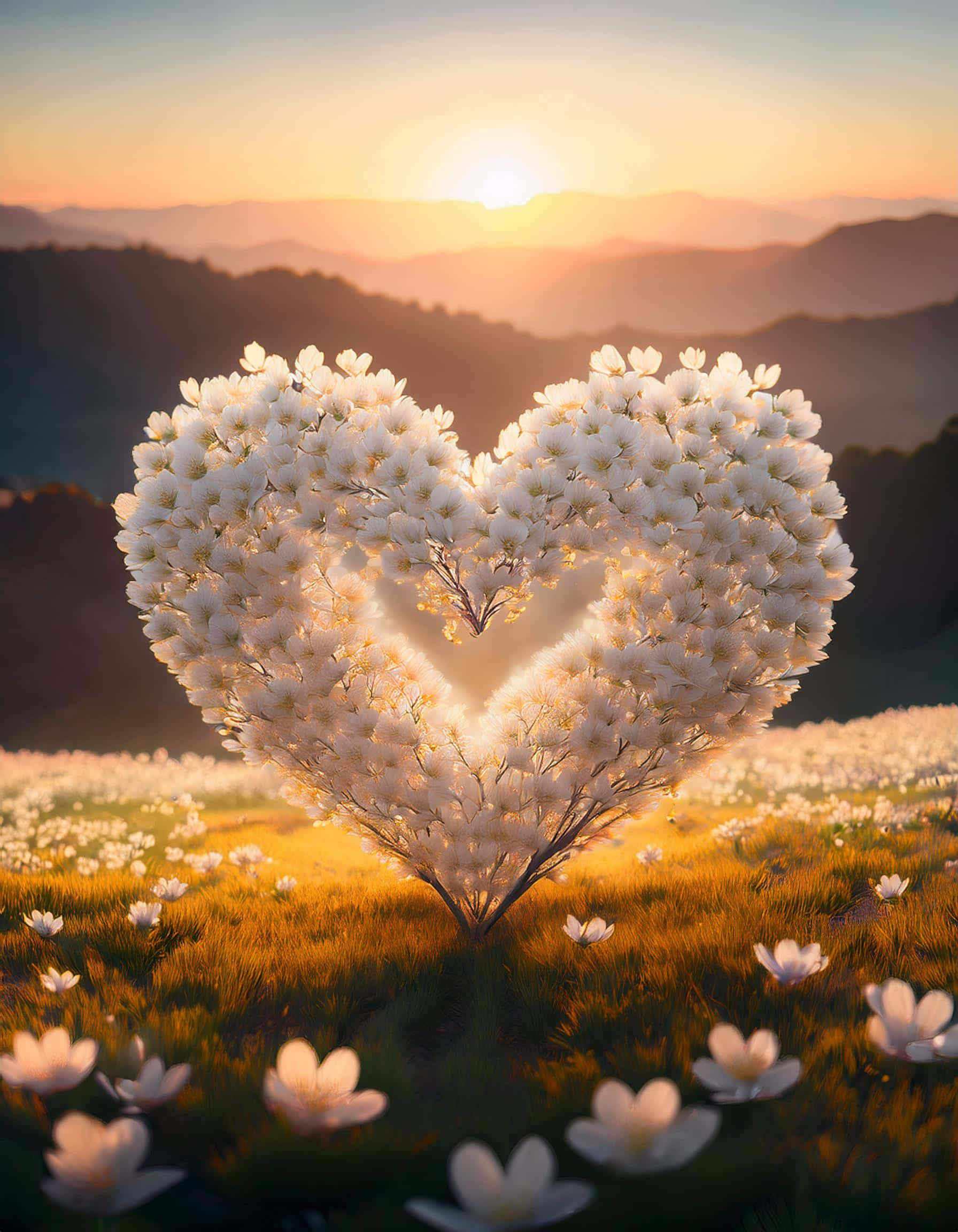 heart-shaped tree, white flowers, golden field, Full HD Phone Wallpaper