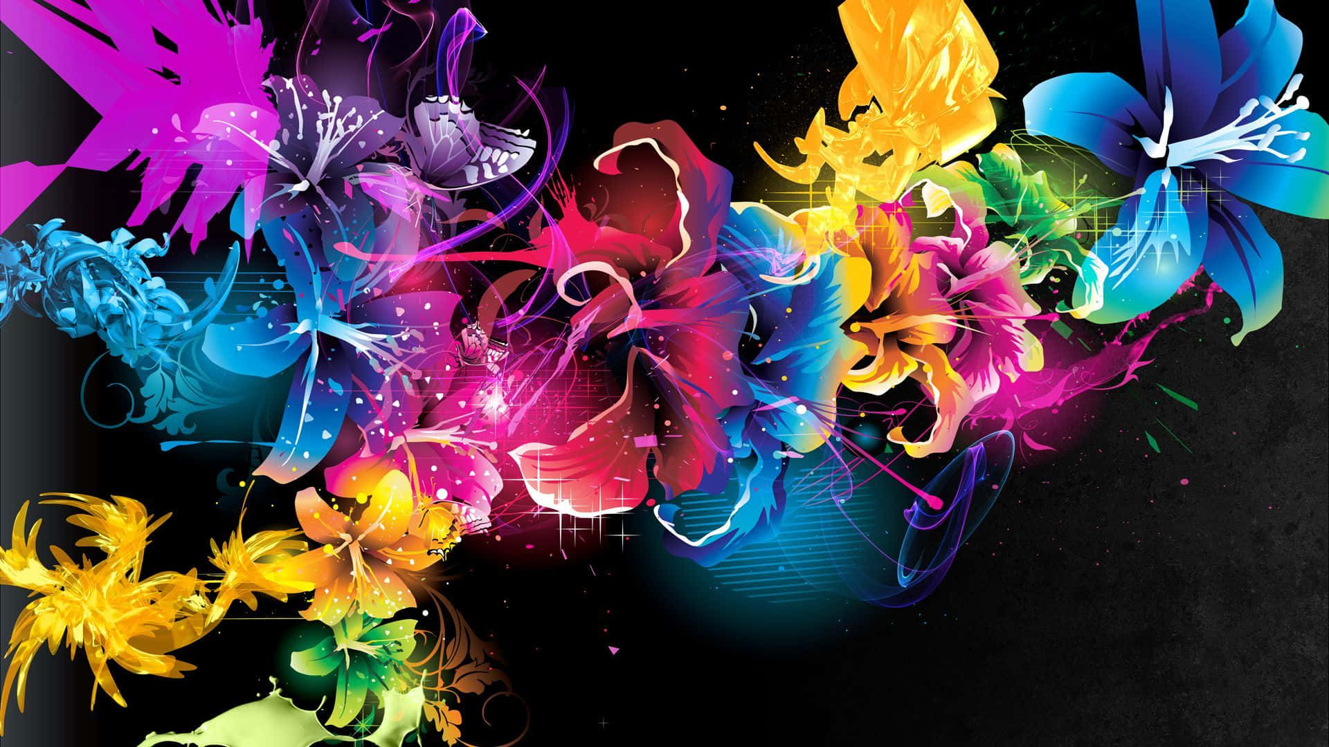 Flower Art, neon flowers, butterflies, Full HD Desktop Wallpaper