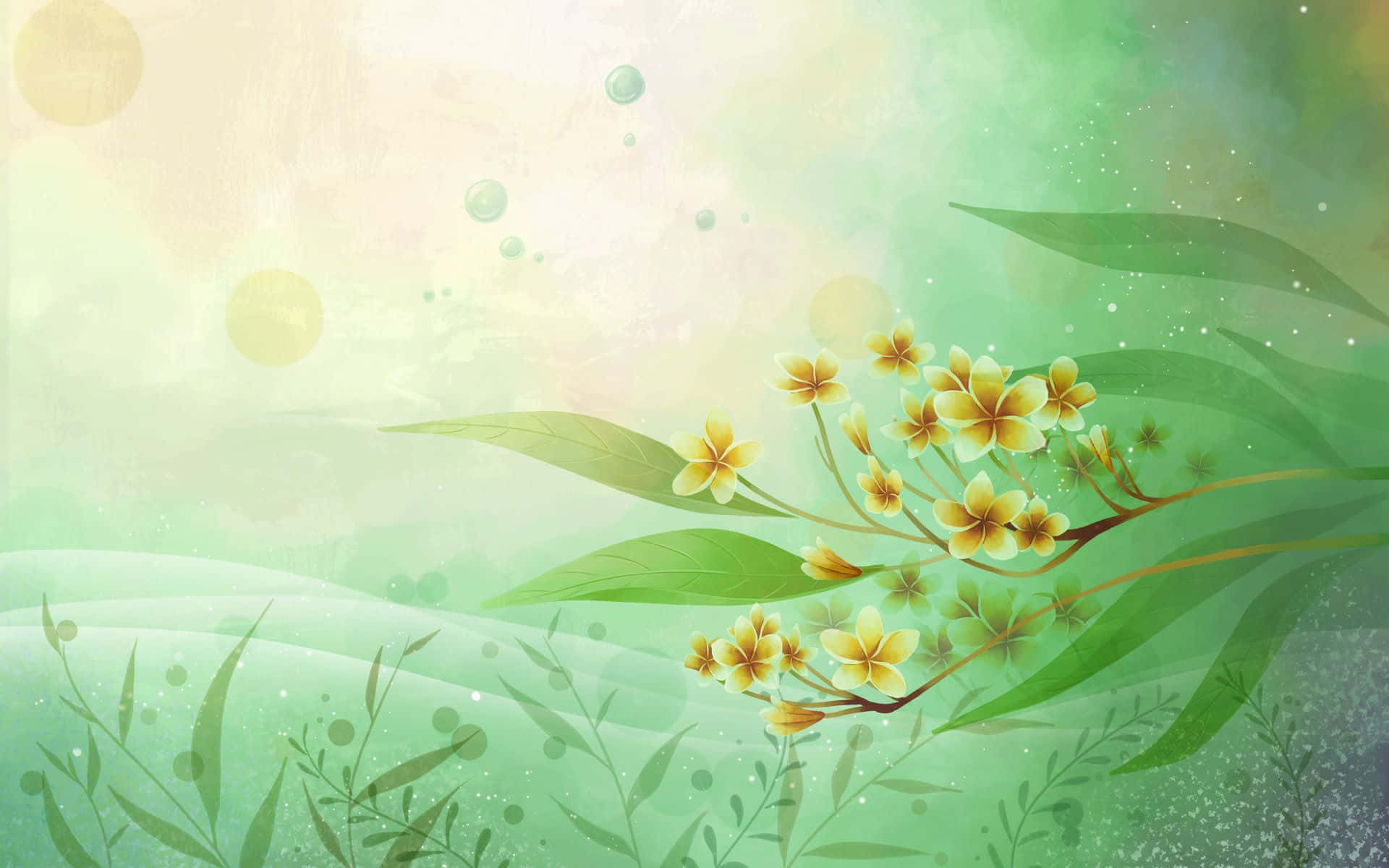 flower art, yellow flowers, green leaves, Full HD Desktop Wallpaper