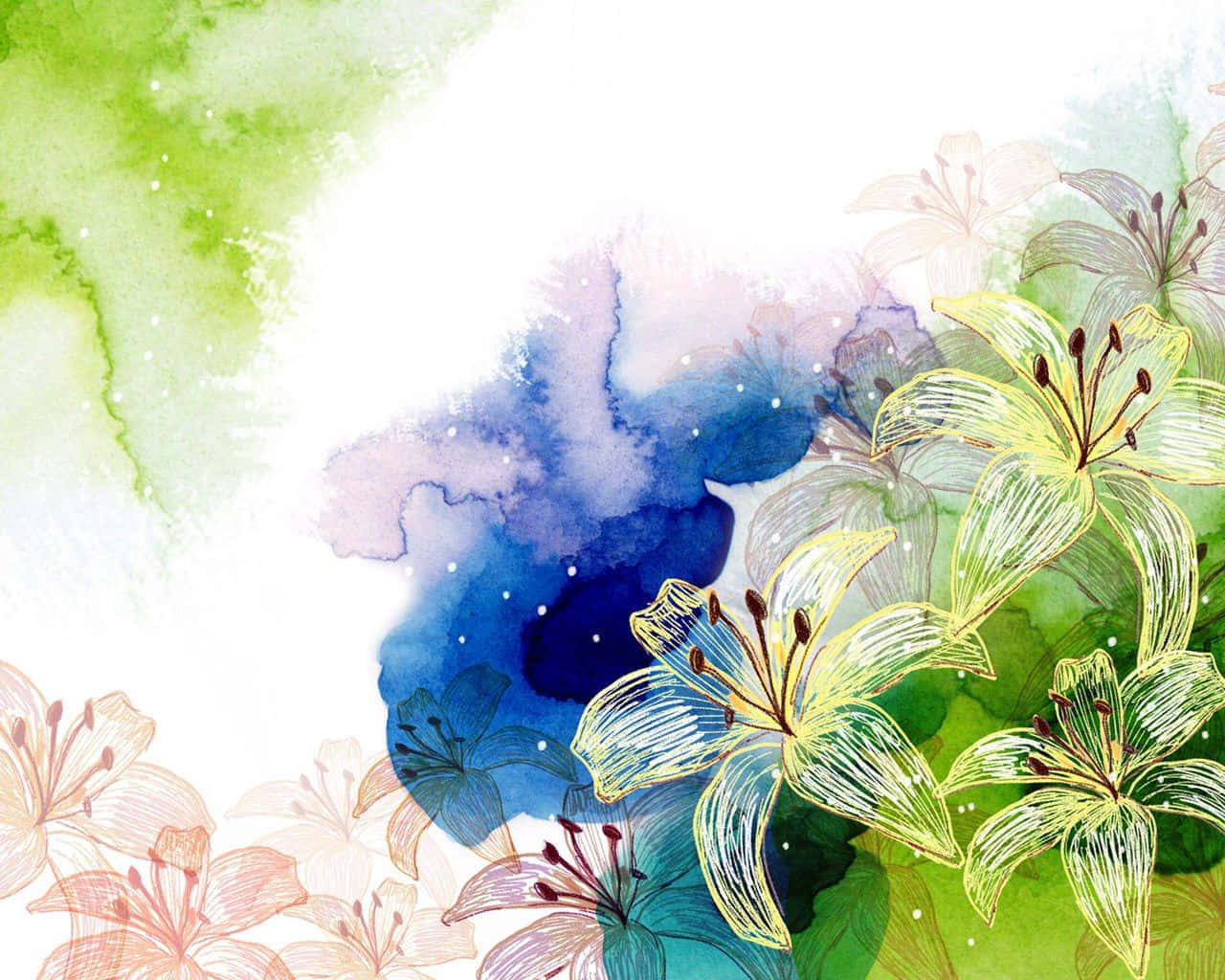 flower art, watercolor lilies, green blue and white gradient, HD Desktop Wallpaper
