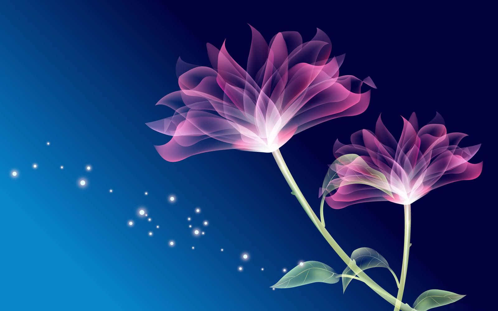 flower art, glowing translucent pink flowers, green stems and leaves, HD Desktop Wallpaper