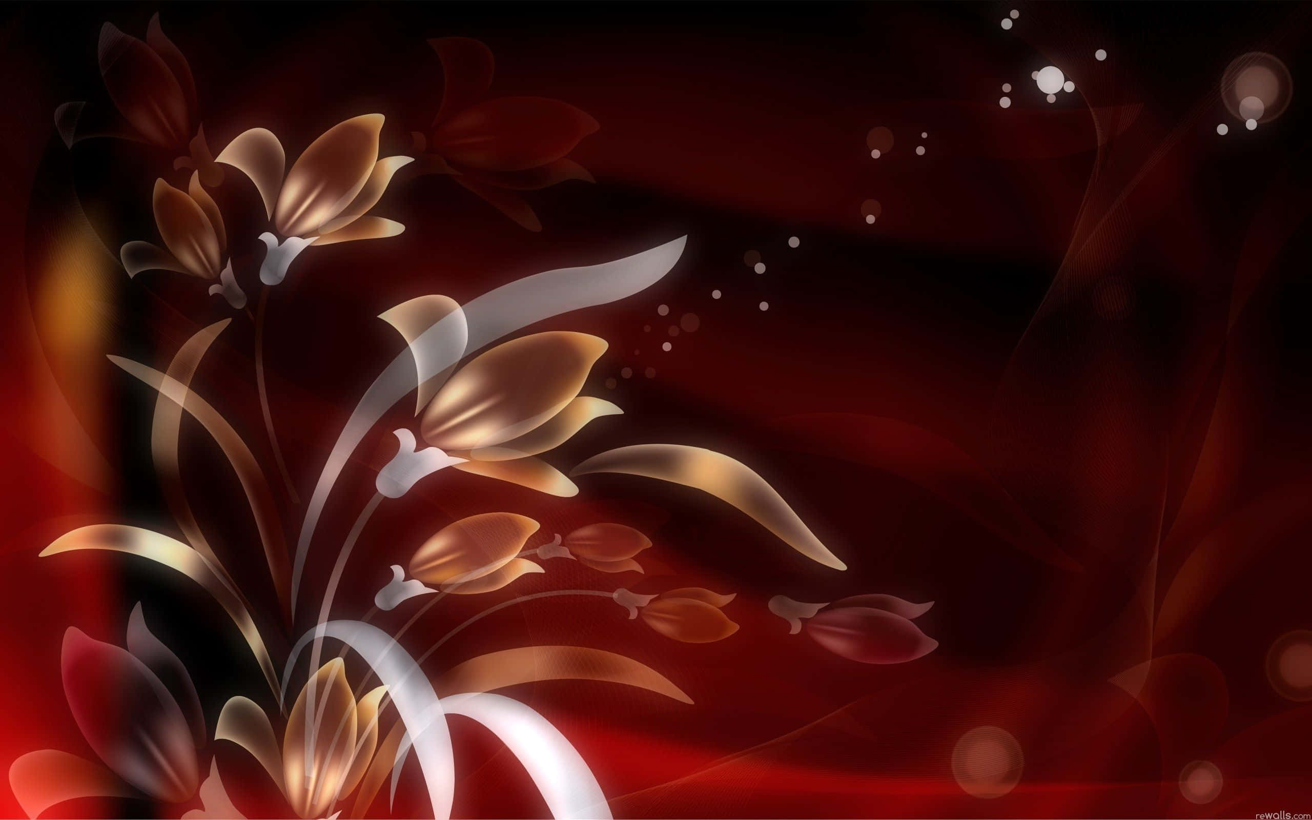 flower art, golden floral tendrils, deep red gradient backdrop, 2K Desktop Wallpaper