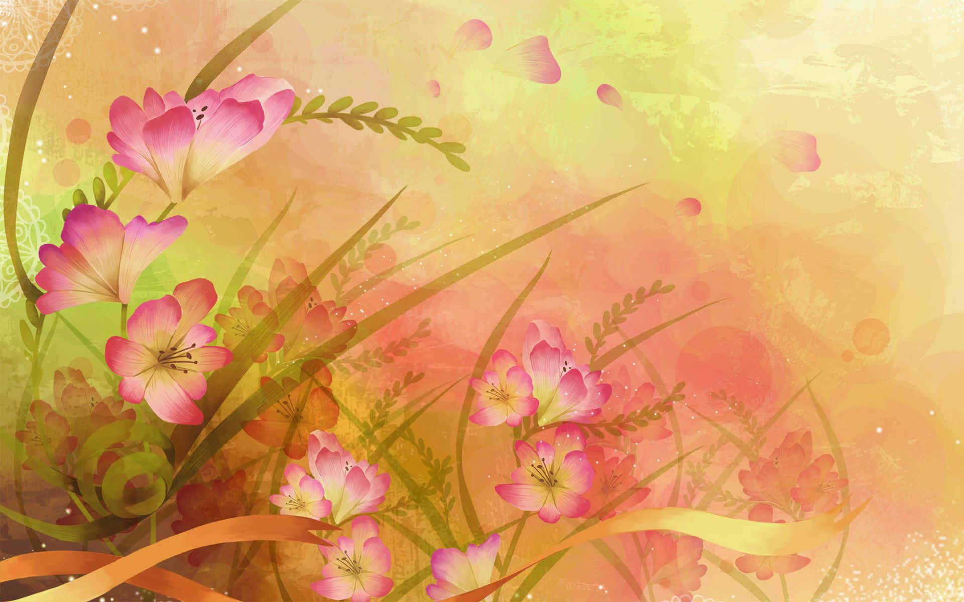 Flower Art, vibrant pink flowers, golden grasses, Full HD Desktop Wallpaper