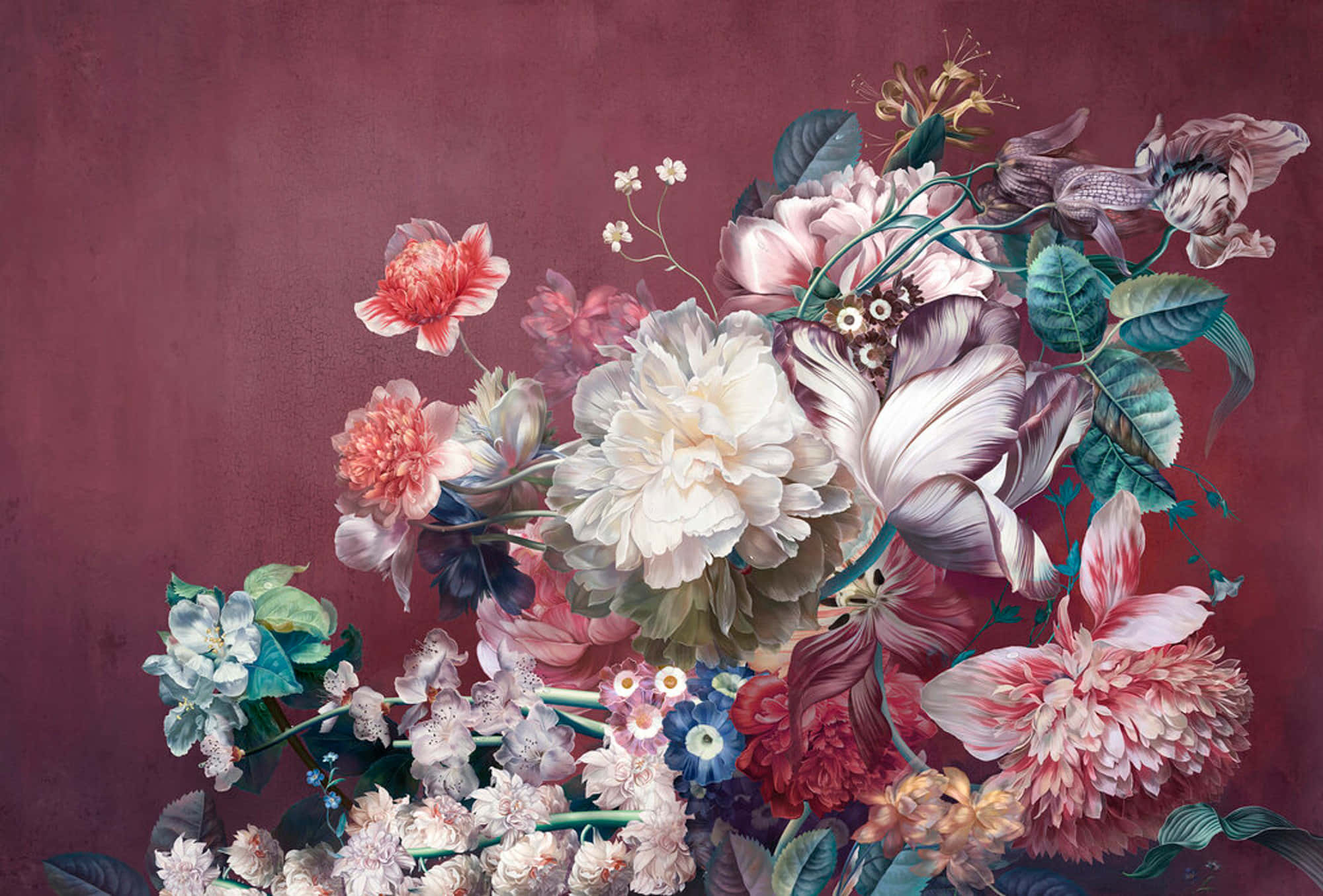 burgundy flower, pink white and blue flowers, lush green leaves, Full HD Desktop Wallpaper