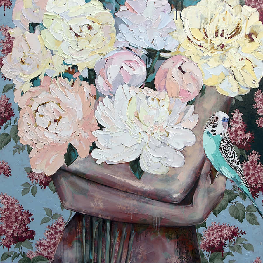 bouquet, creamy pink and white peonies and roses, turquoise budgerigar, SD Desktop Wallpaper