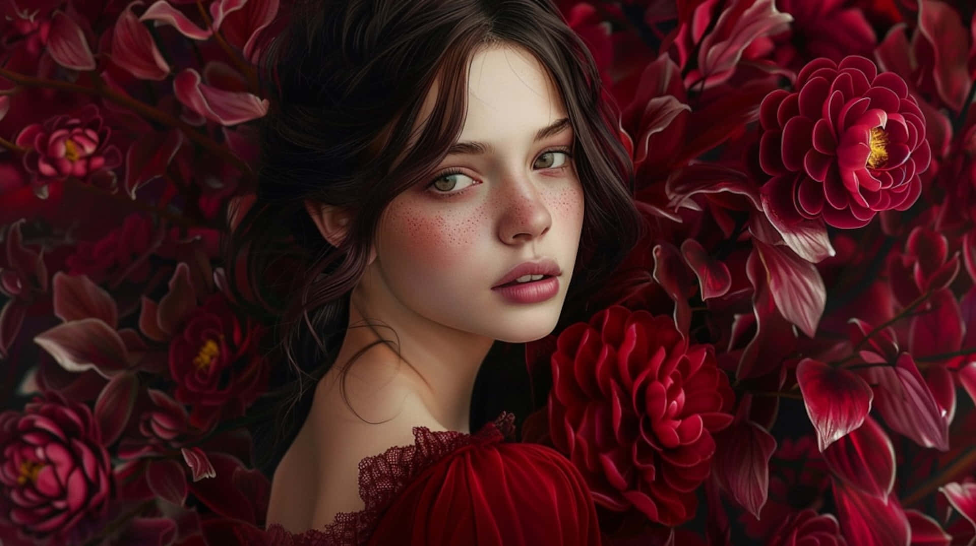 Burgundy Beauty Among Flowers, deep red peonies, young woman with freckles and dark hair, Full HD Desktop Wallpaper