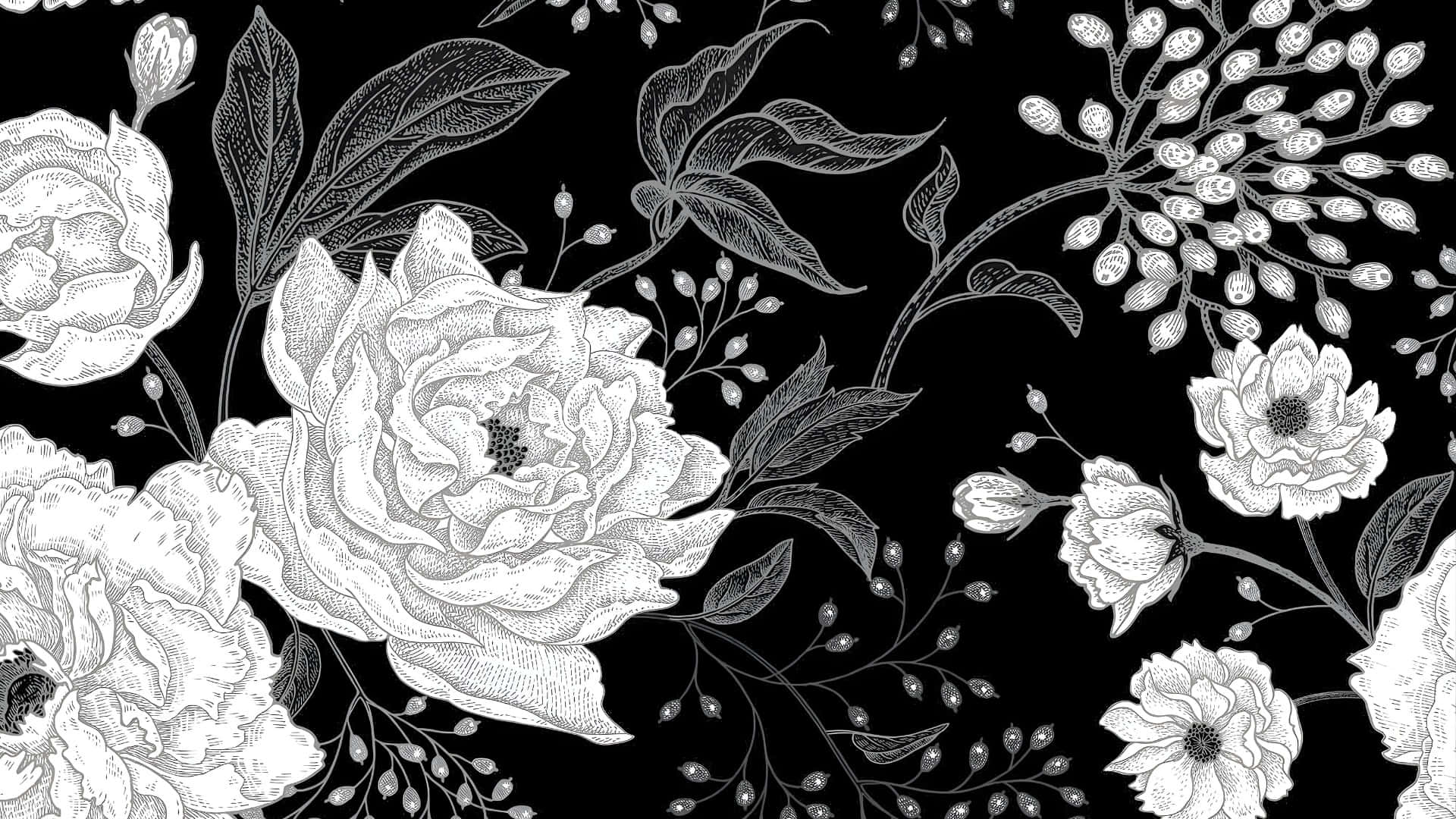 elegant black and white floral, white floral illustrations, intricate linework, Full HD Desktop Wallpaper