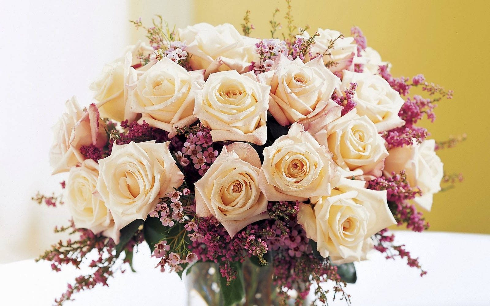 bouquet of large white roses, creamy white roses, delicate purple filler flowers, HD Desktop Wallpaper