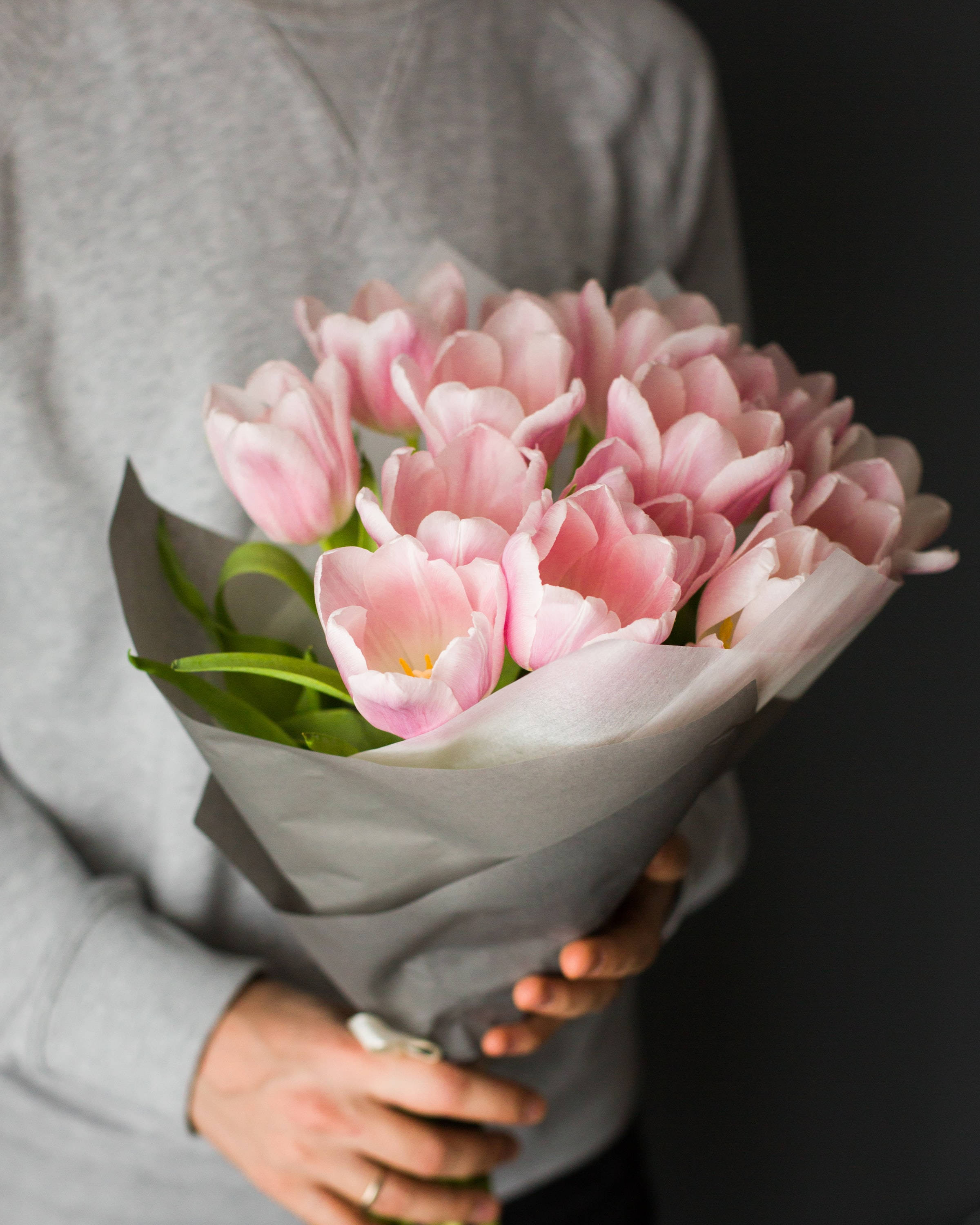 pink tulips, gray sweatshirt, gray paper, 2K Phone Wallpaper