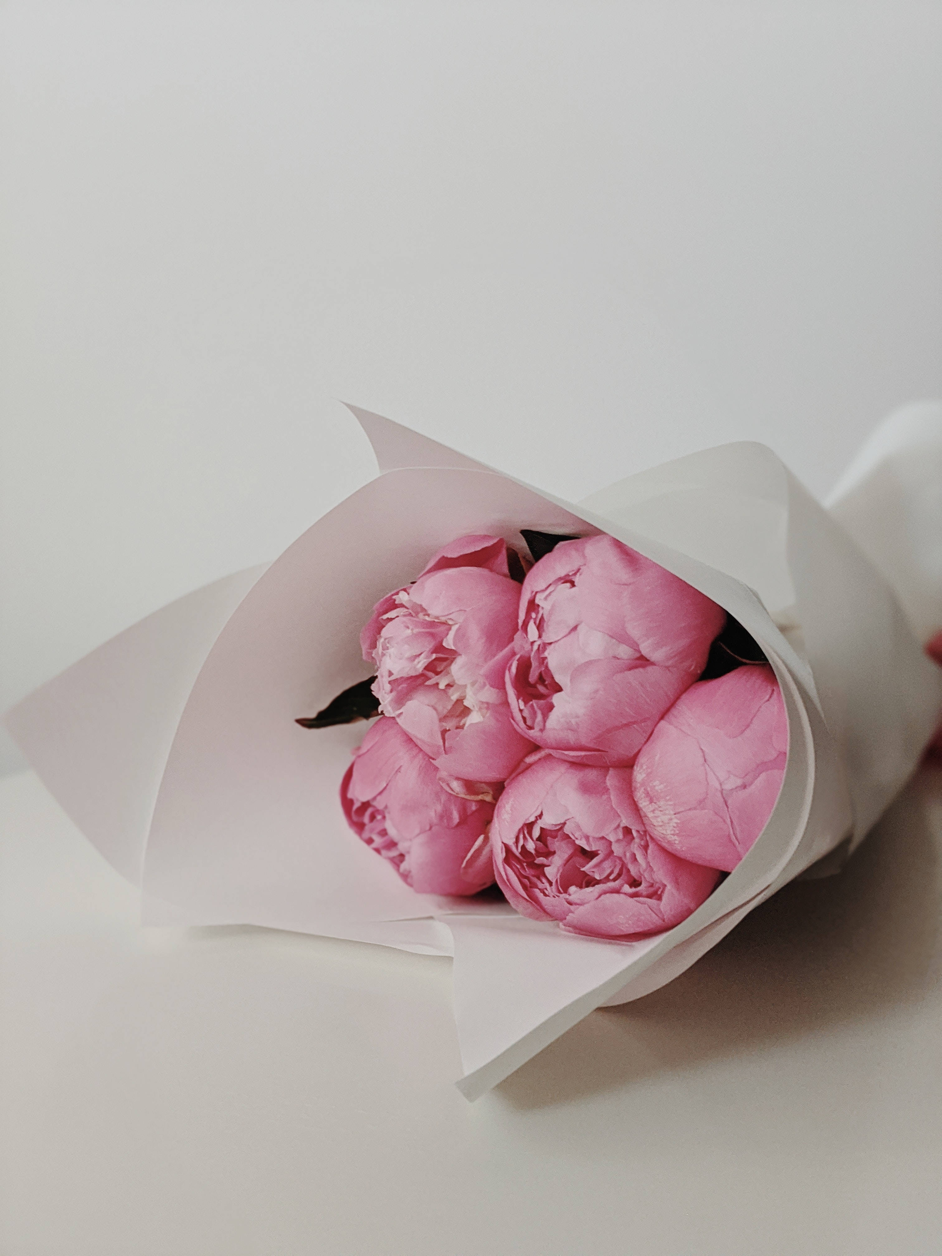 peony bouquet, soft pink peonies, white paper, 4K Phone Wallpaper