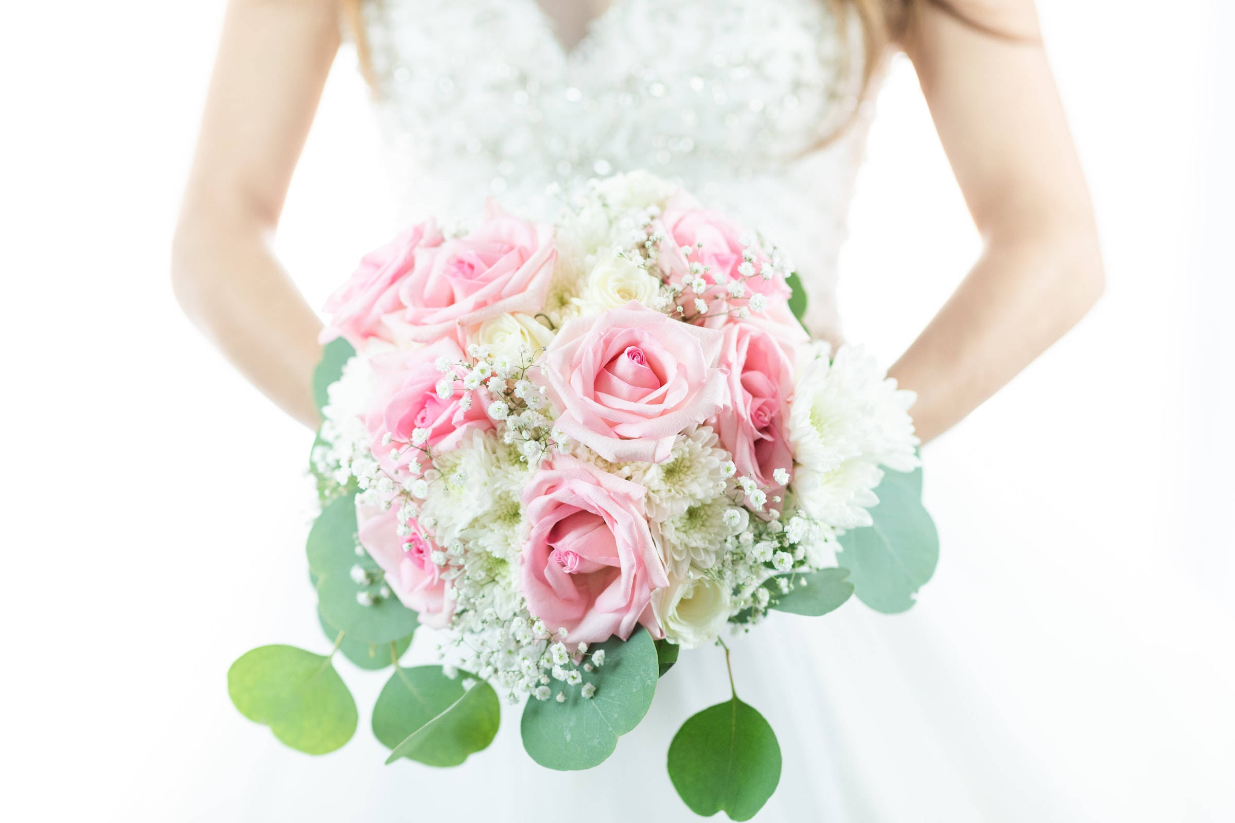baby's breath, pink roses, green eucalyptus, Full HD Desktop Wallpaper