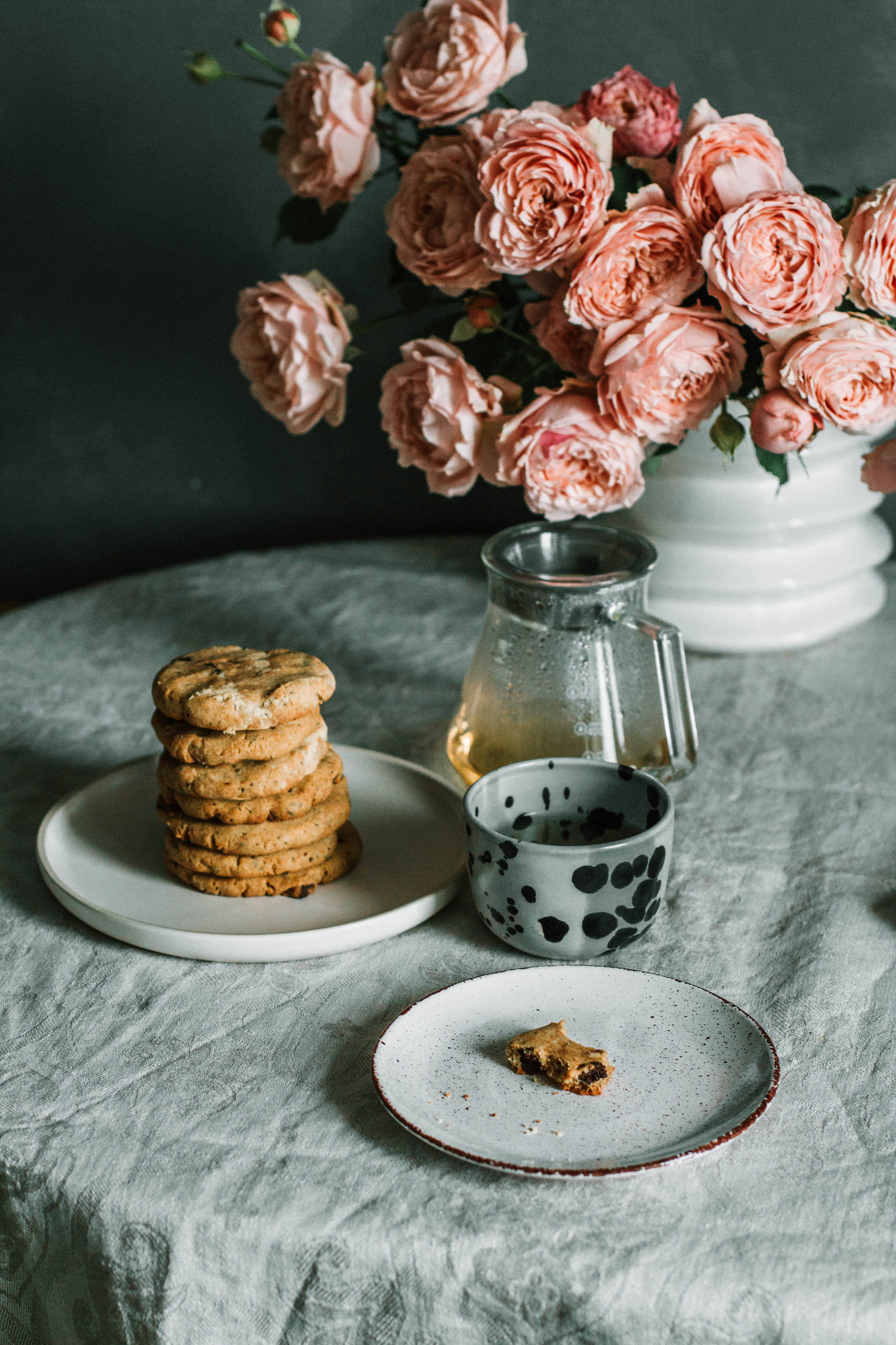 soft pink roses, golden cookies, pitcher of tea, 5K Phone Wallpaper