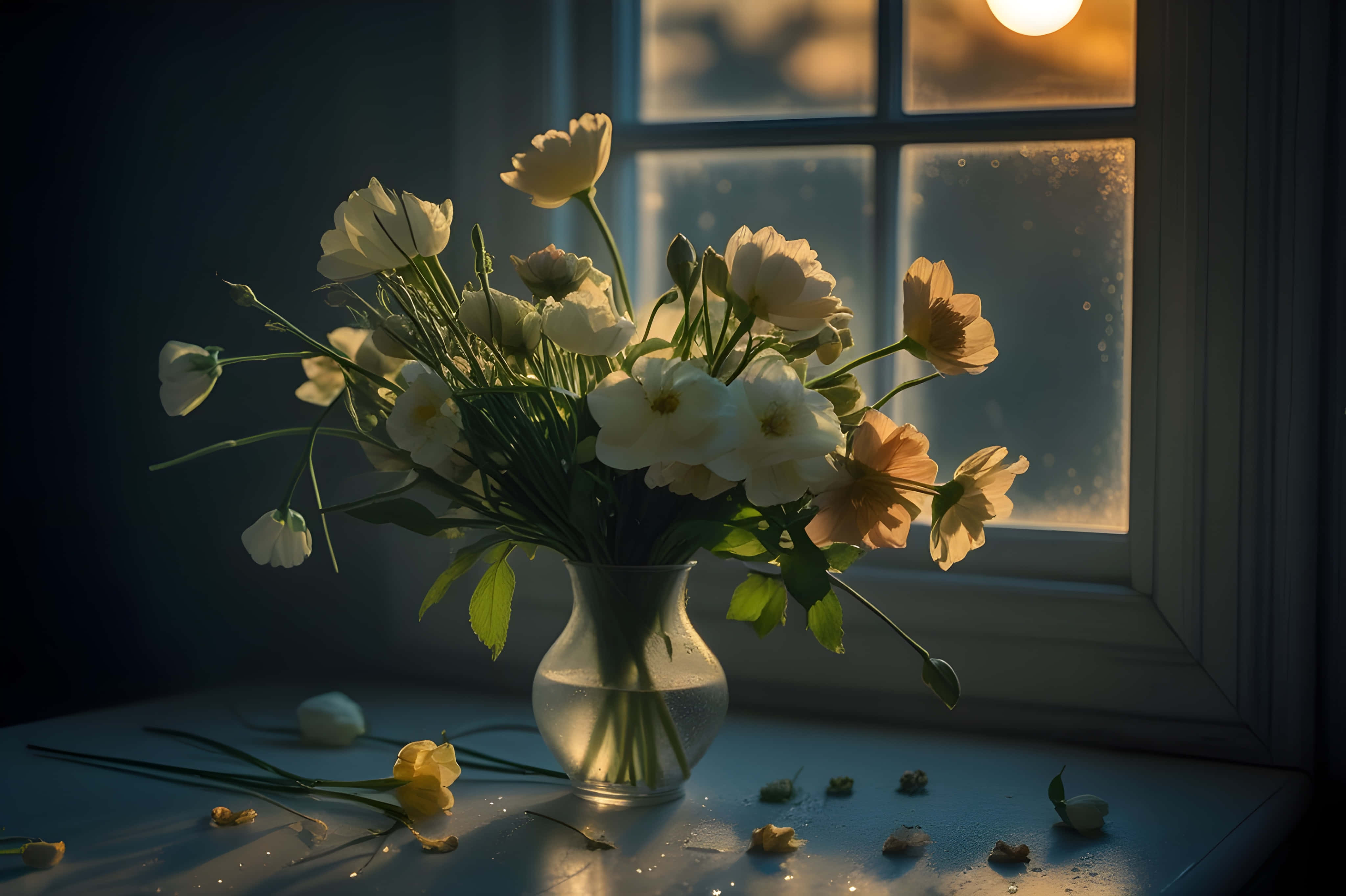 bouquet of flowers, white and pale yellow flowers, vase, 4K Desktop Wallpaper