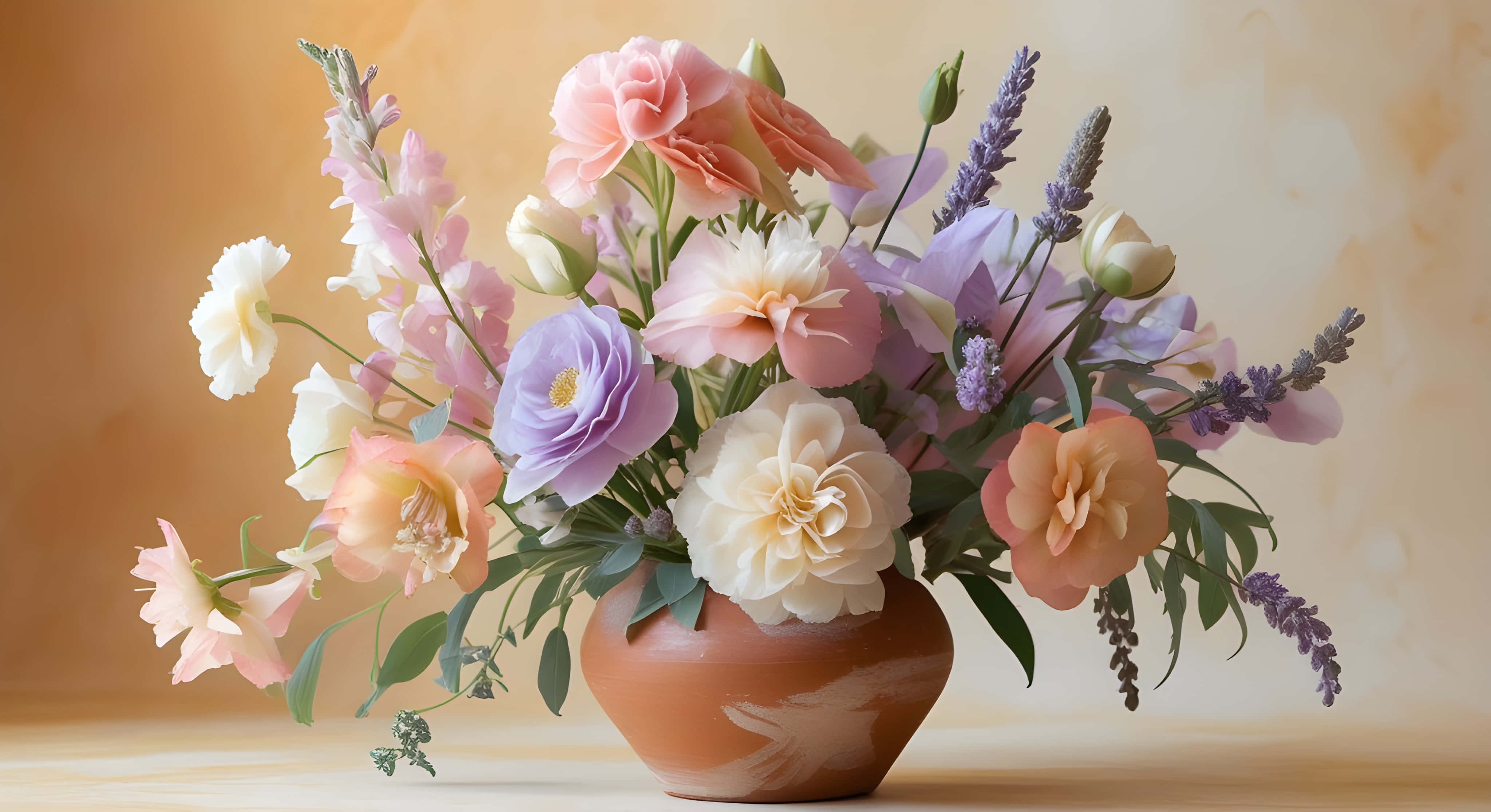 terracotta vase, pink peach lavender and white flowers, warm beige background, 4K Desktop Wallpaper