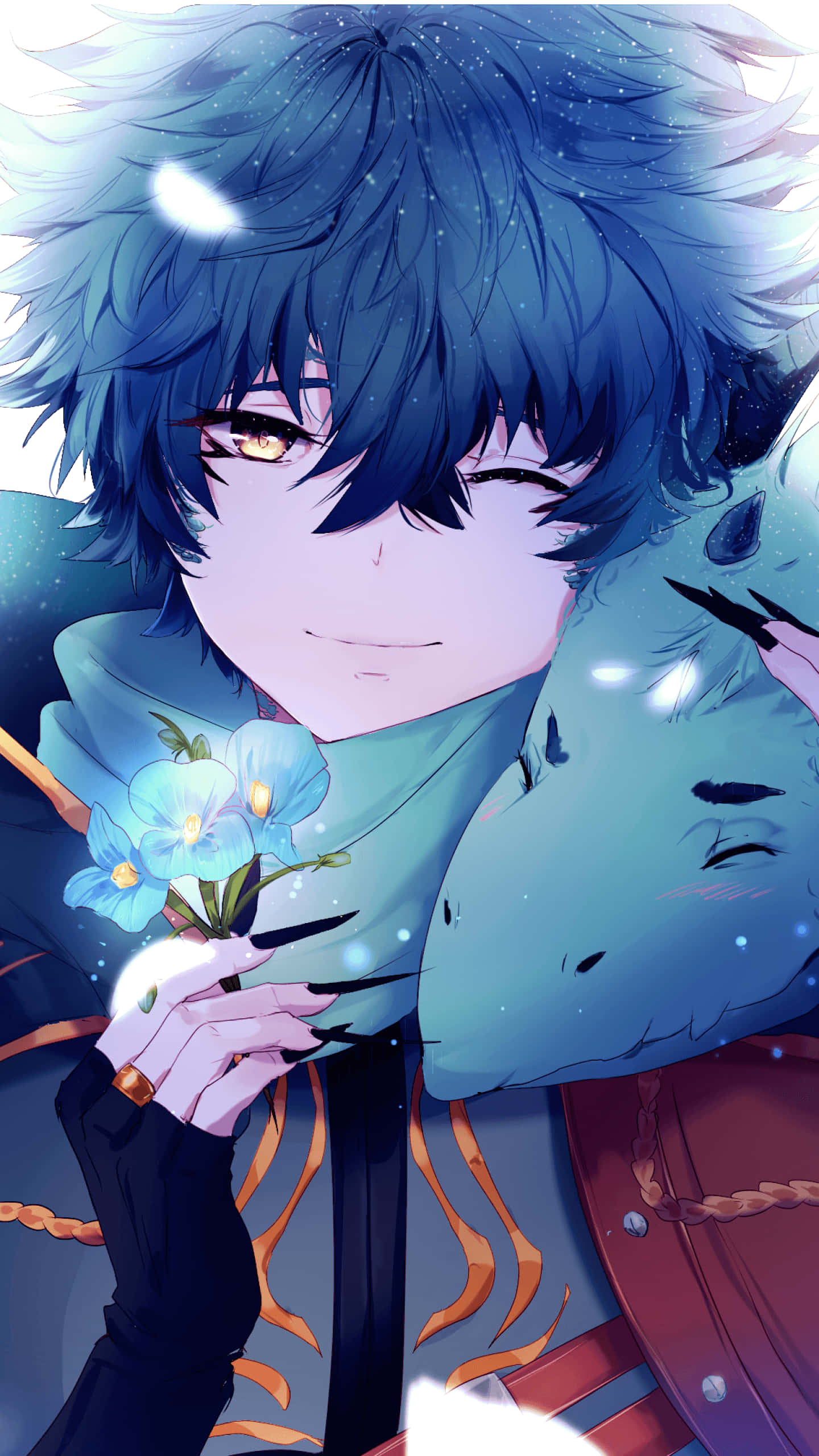 blue-haired anime boy, golden eyes, glowing blue flowers, 2K Phone Wallpaper