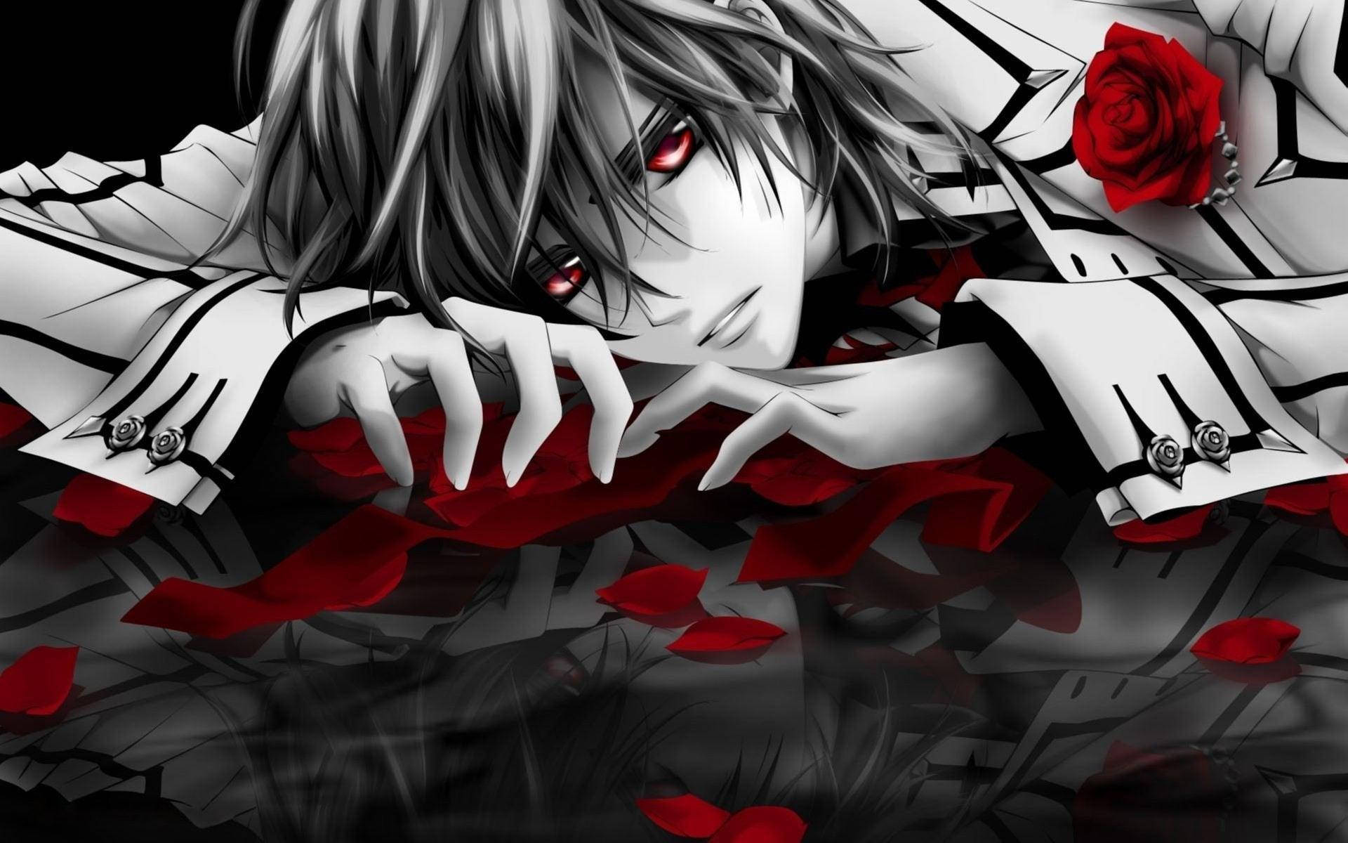 rose petals, red eyes, silver hair, Full HD Desktop Wallpaper