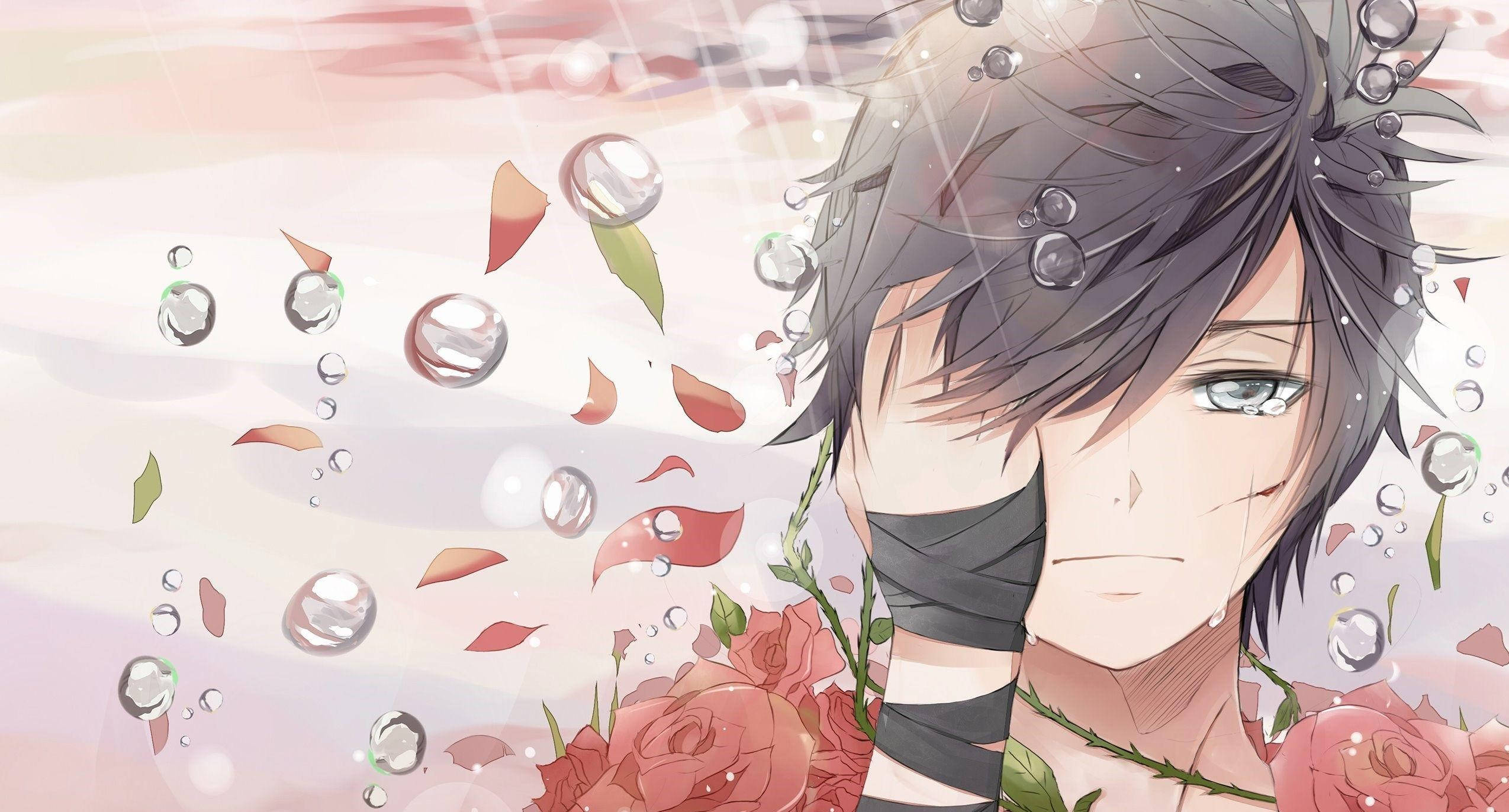sad anime boy, red flowers, rose petals, Full HD Desktop Wallpaper