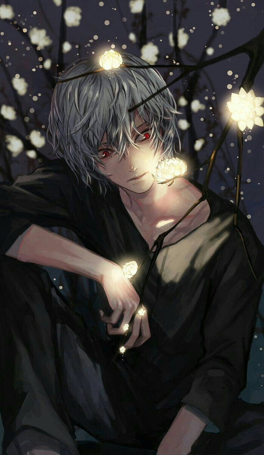 silver-haired anime boy, red eyes, glowing string lights, HD Phone Wallpaper